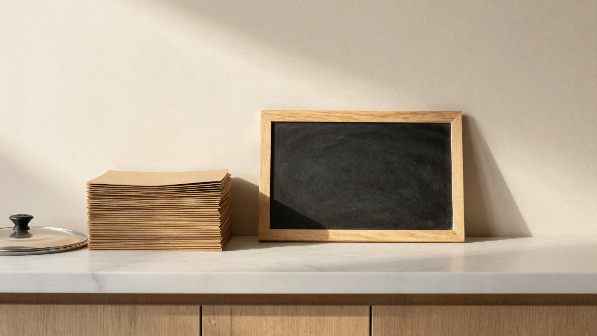 A tidy stack of blank kraft paper labels and a small blank chalkboard sign leaning on a clean gelateria counter beside a stainless pan lid