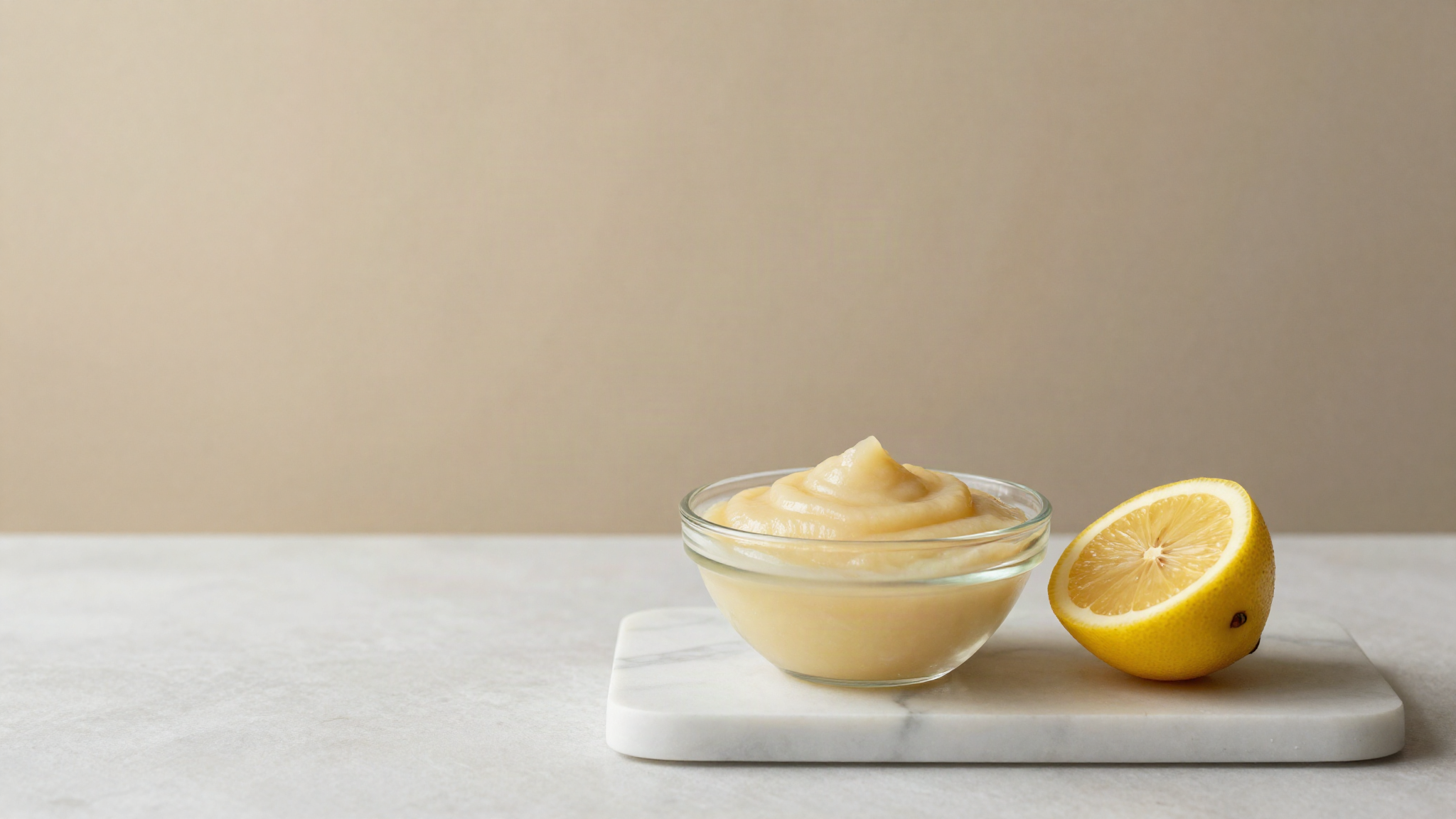 A small glass bowl of freshly blended pale pear purée beside a halved lemon on white marble