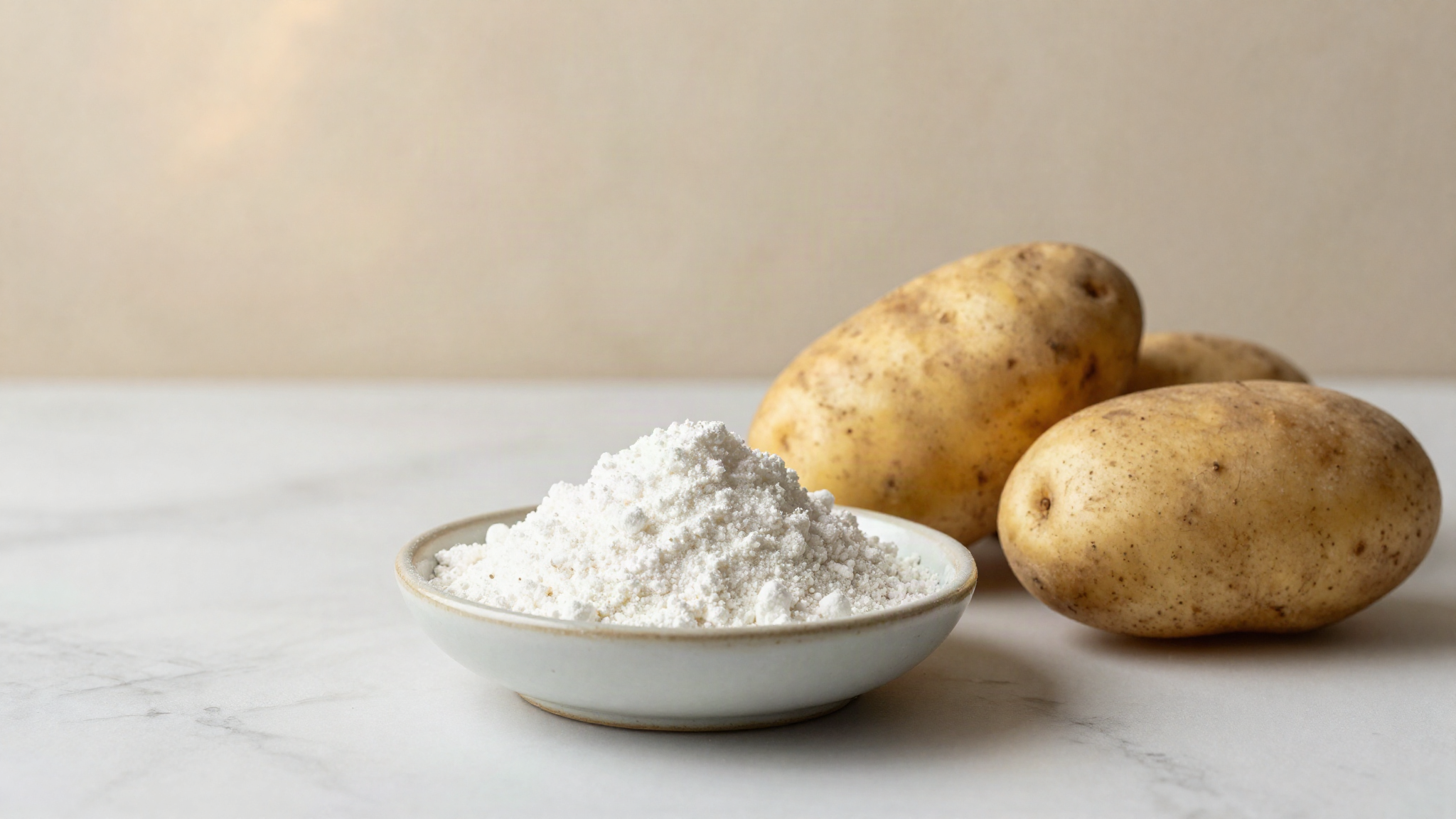 Fine white potato starch in a ceramic dish beside whole potatoes on marble