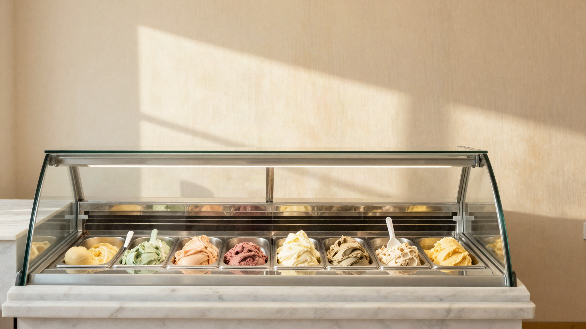 A curved glass fronted gelato display case with neat stainless pans of pastel colored gelato