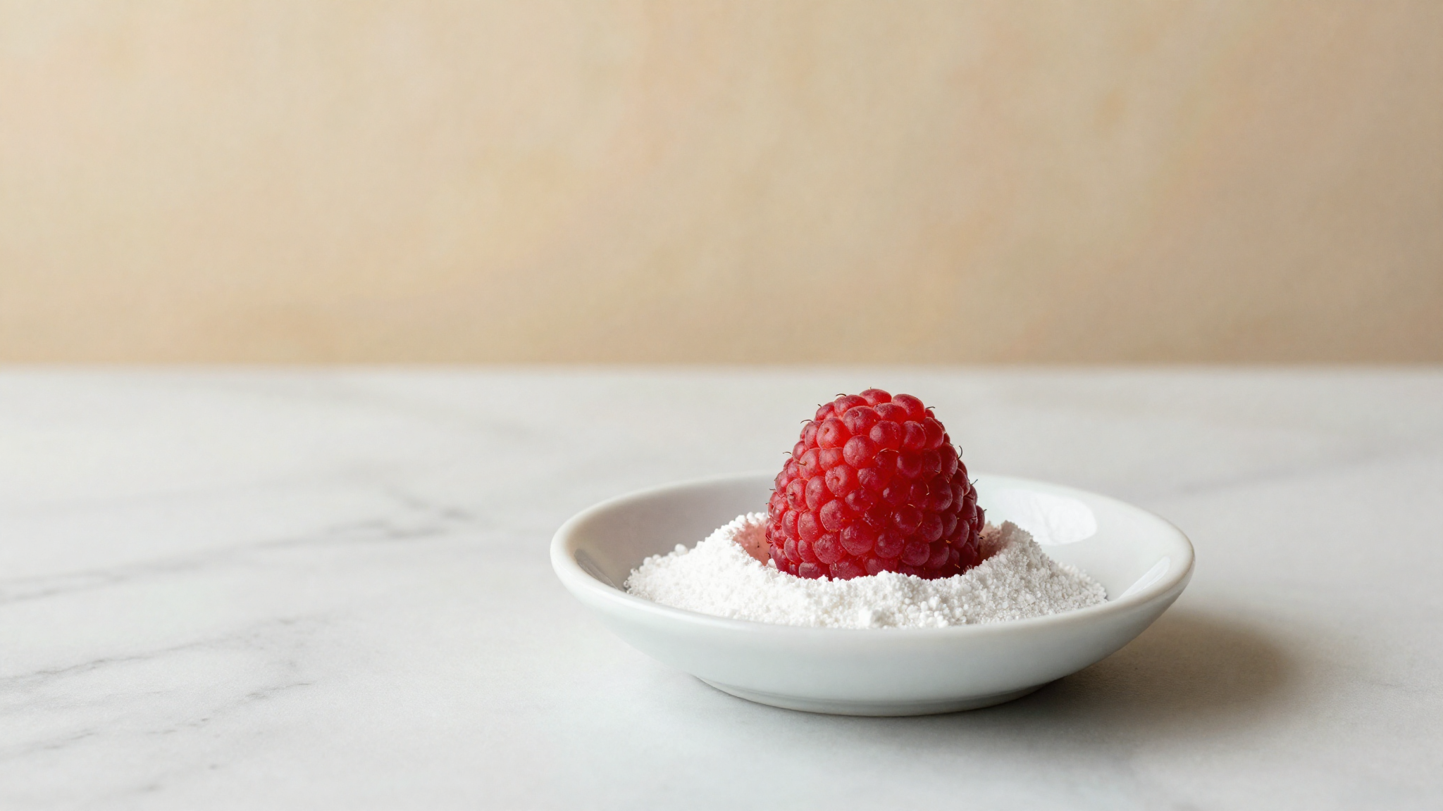 A small white dish of fine propylene glycol alginate powder beside a fresh raspberry on marble