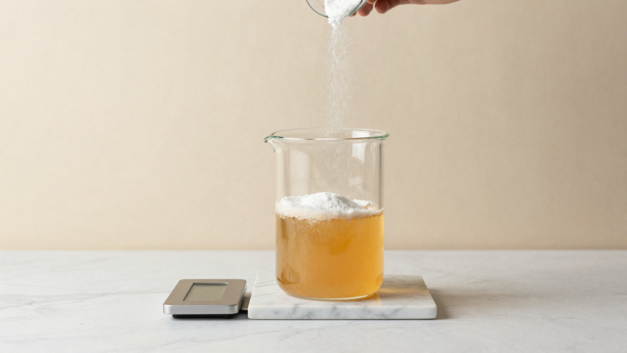 Fruit puree in a glass beaker with fine stabiliser powder dispersed on the surface beside a scale