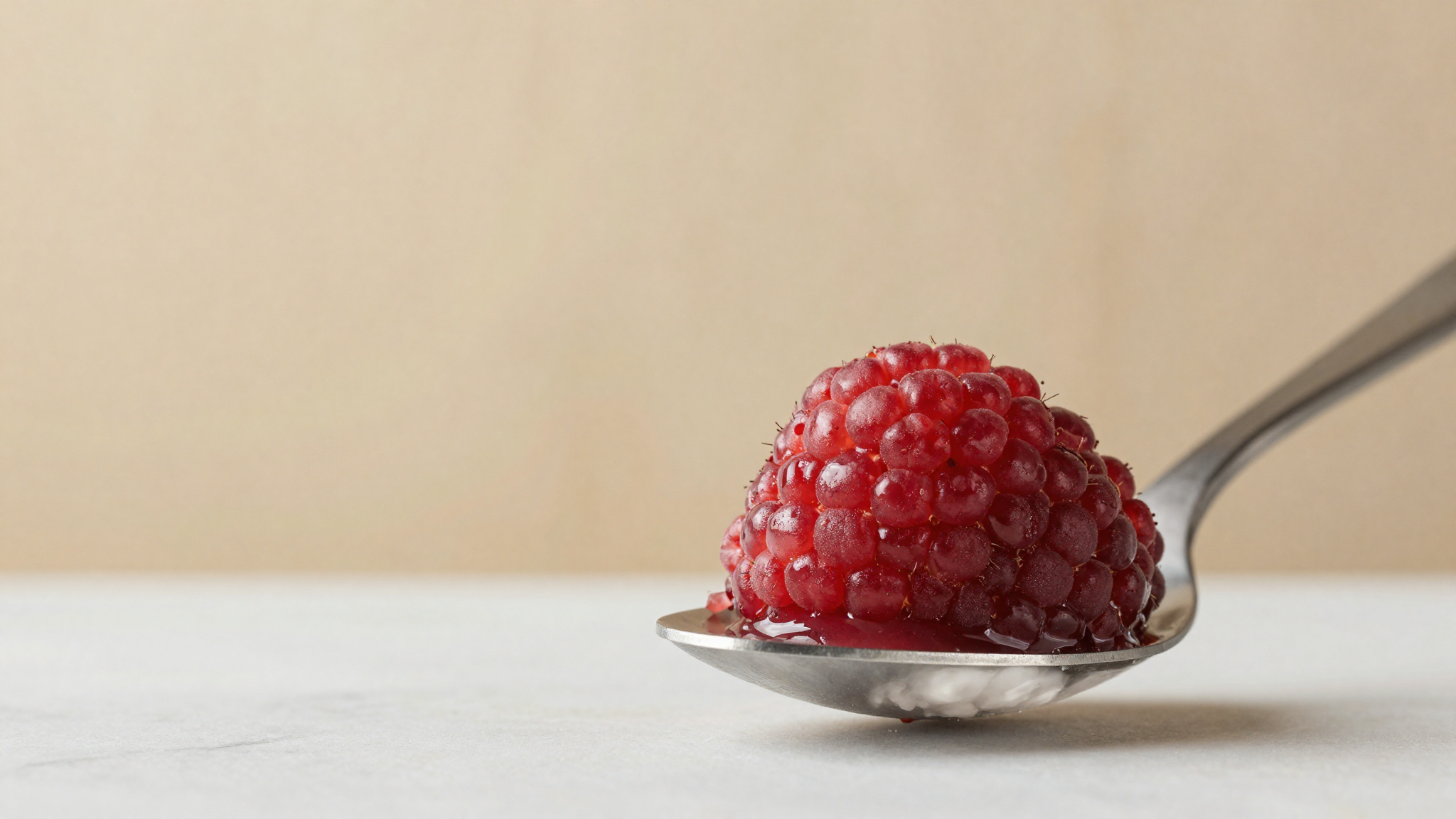 Extreme close-up of dense glossy raspberry sorbet on a chilled steel spatula