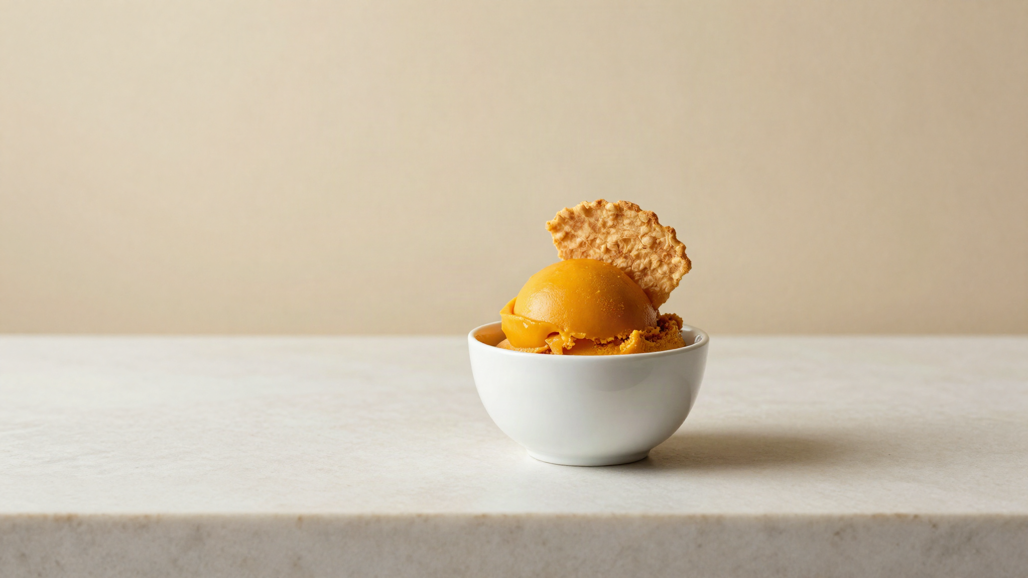A serving of deep orange pumpkin gelato in a white ceramic cup with a thin crisp wafer