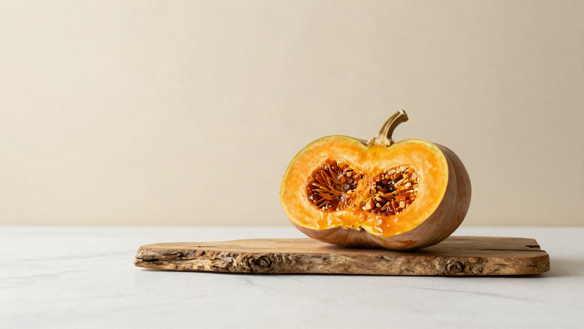 A halved winter squash on aged wood showing dense caramelised deep orange flesh