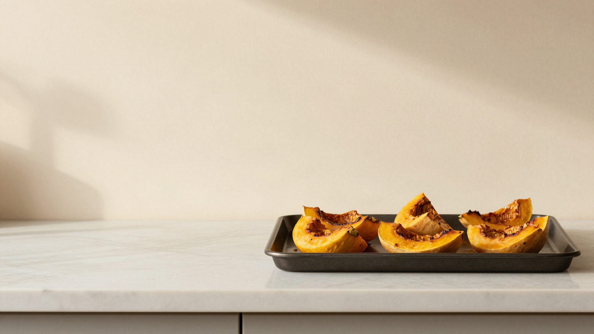 Wedges of roasted butternut squash on a dark steel baking tray with browned caramelised edges