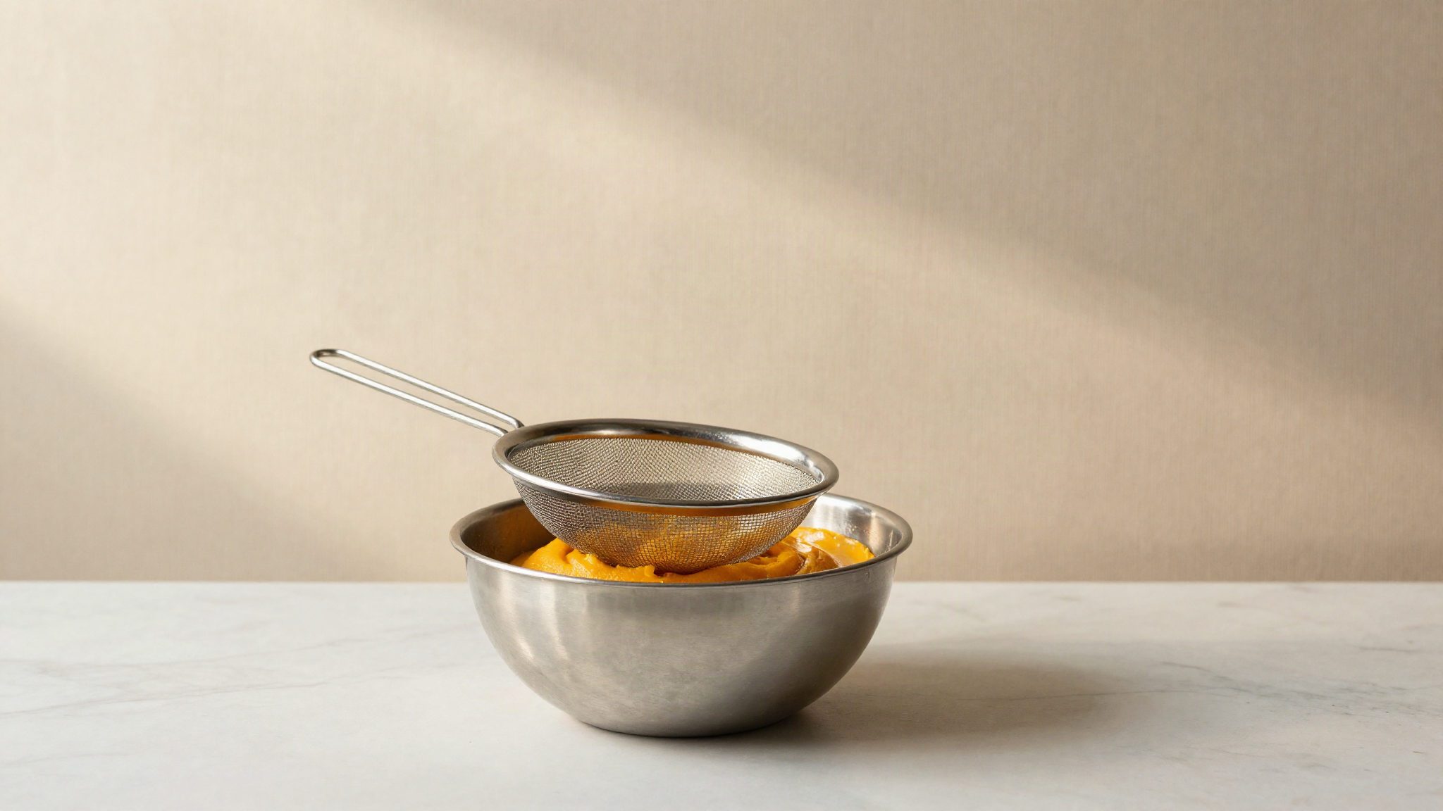Bright orange squash puree resting in a fine mesh drum sieve above a stainless steel bowl