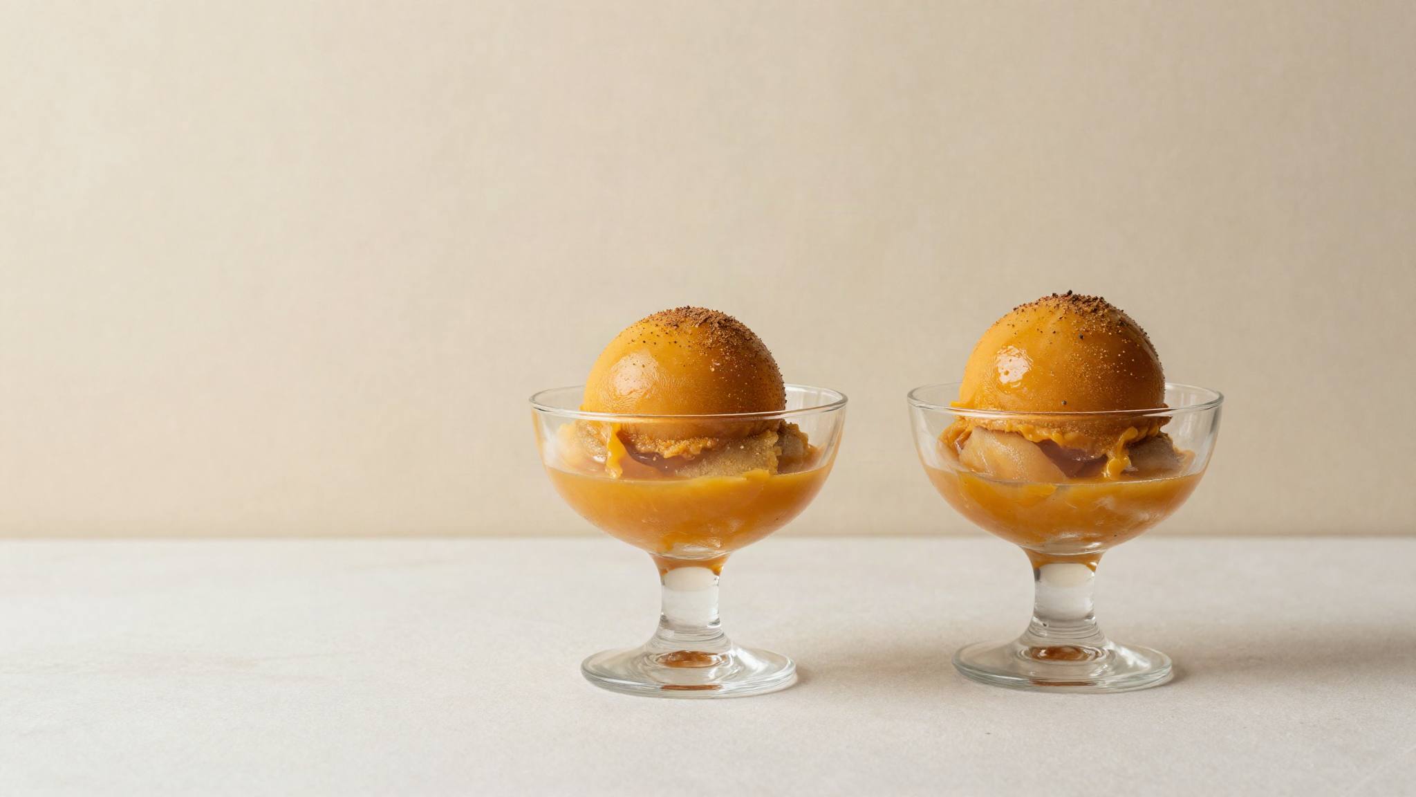Two quenelles of amber pumpkin gelato in a clear glass coupe with a fine dusting of warm spice