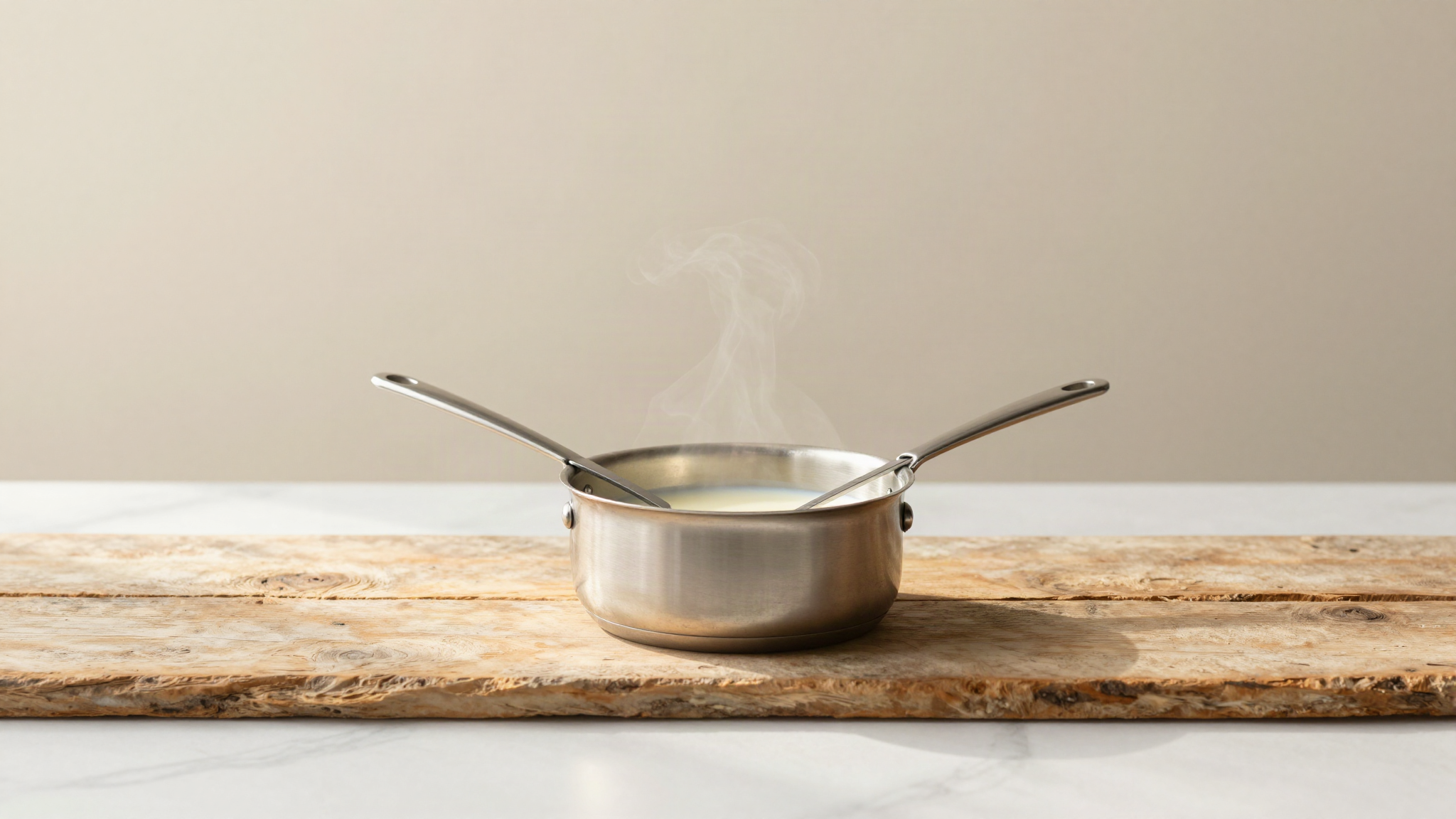 A stainless saucepan of pale milk base with a probe thermometer resting on the rim