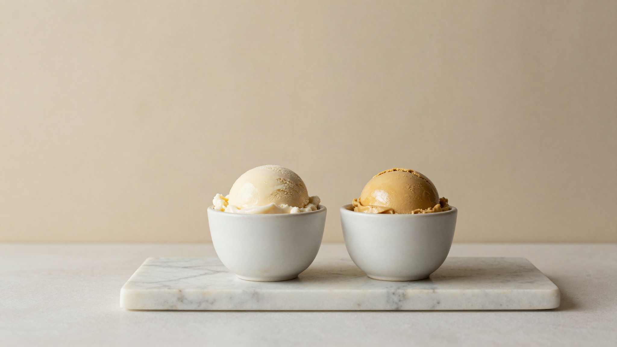 Two small ceramic cups of gelato side by side on marble, one ivory pale and one faintly golden