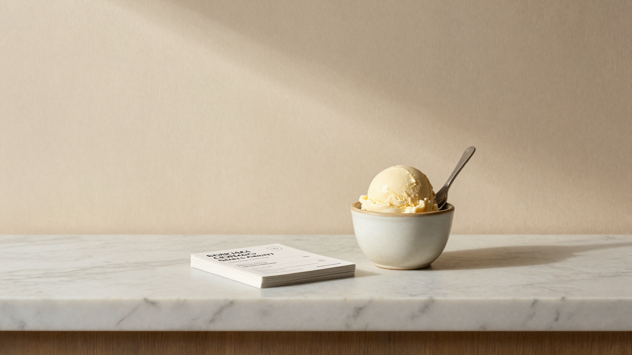A neat stack of printed loyalty and referral cards on a marble counter next to a cup of gelato