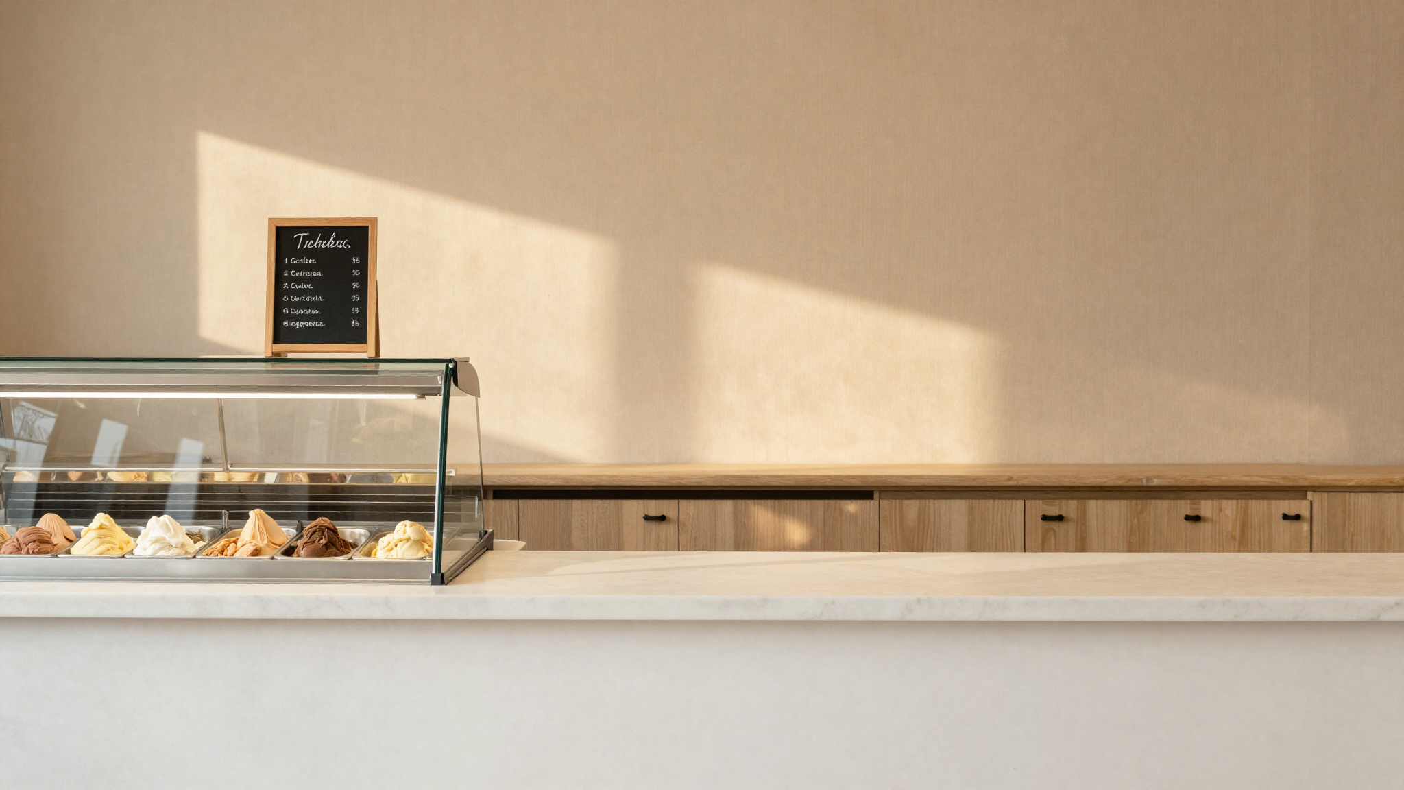A warm welcoming gelateria counter with a chalkboard menu and a display case of gelato tubs