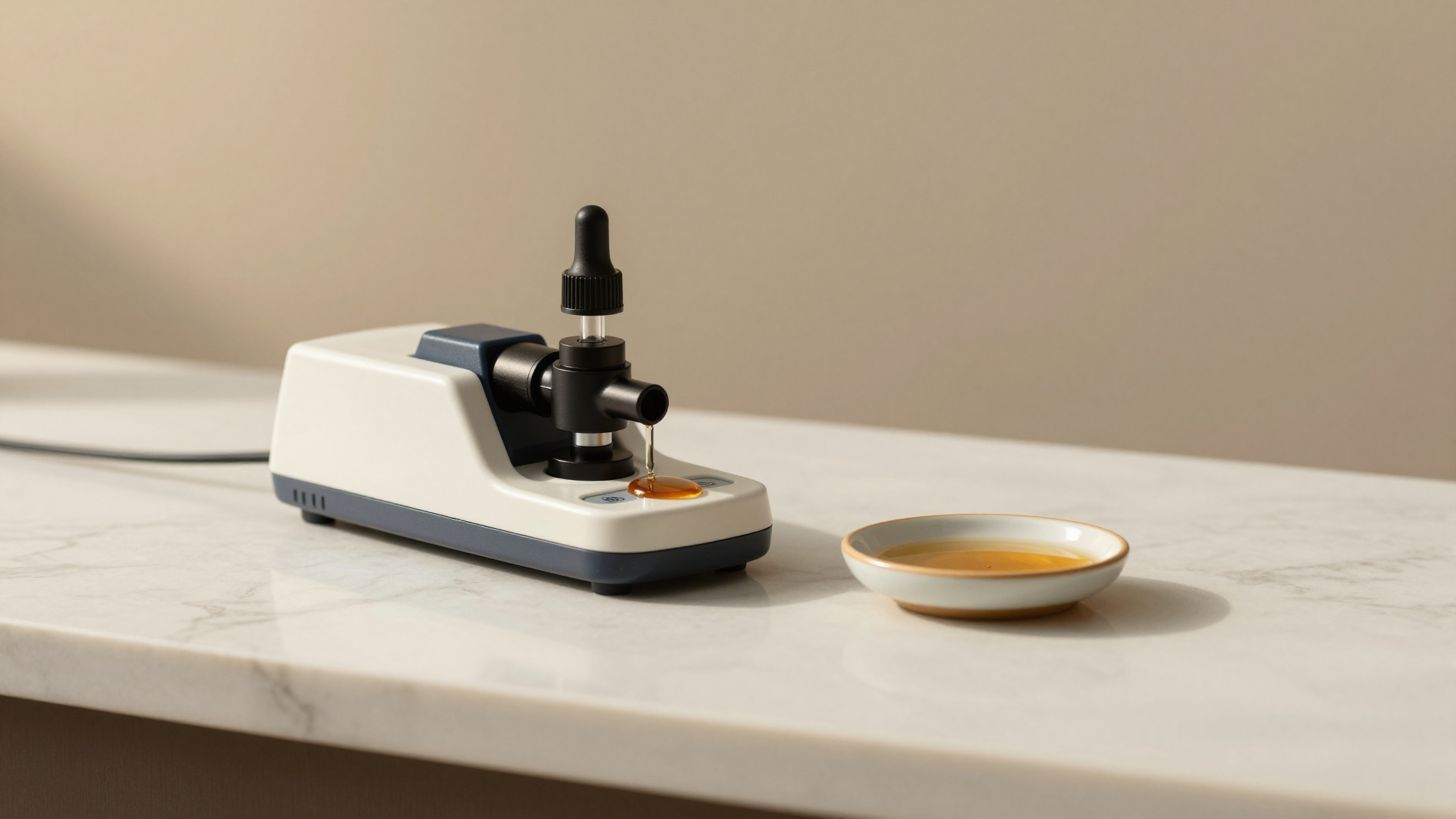 Professional handheld optical refractometer instrument resting on a marble counter beside a small ceramic dish of clear amber syrup