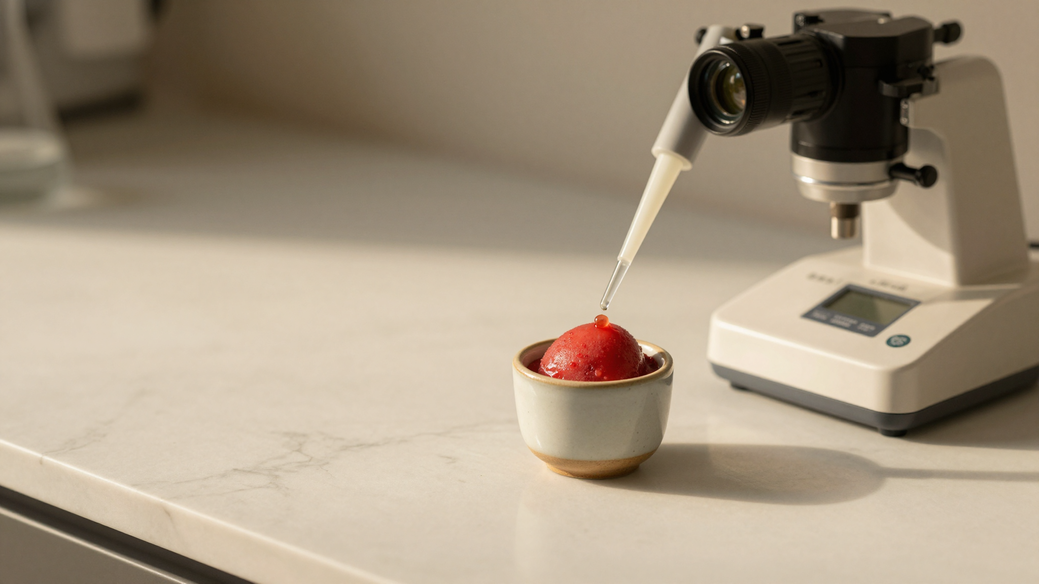 Small ceramic cup of fresh strawberry sorbetto base on a marble counter beside a digital refractometer instrument and a pipette