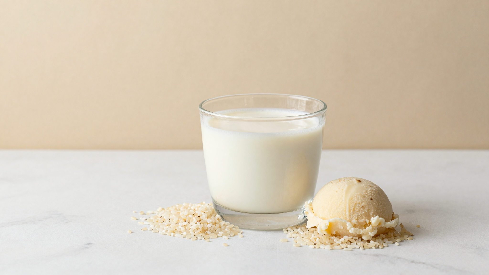 A glass of rice milk beside raw rice and a scoop of pale vegan rice milk gelato on marble