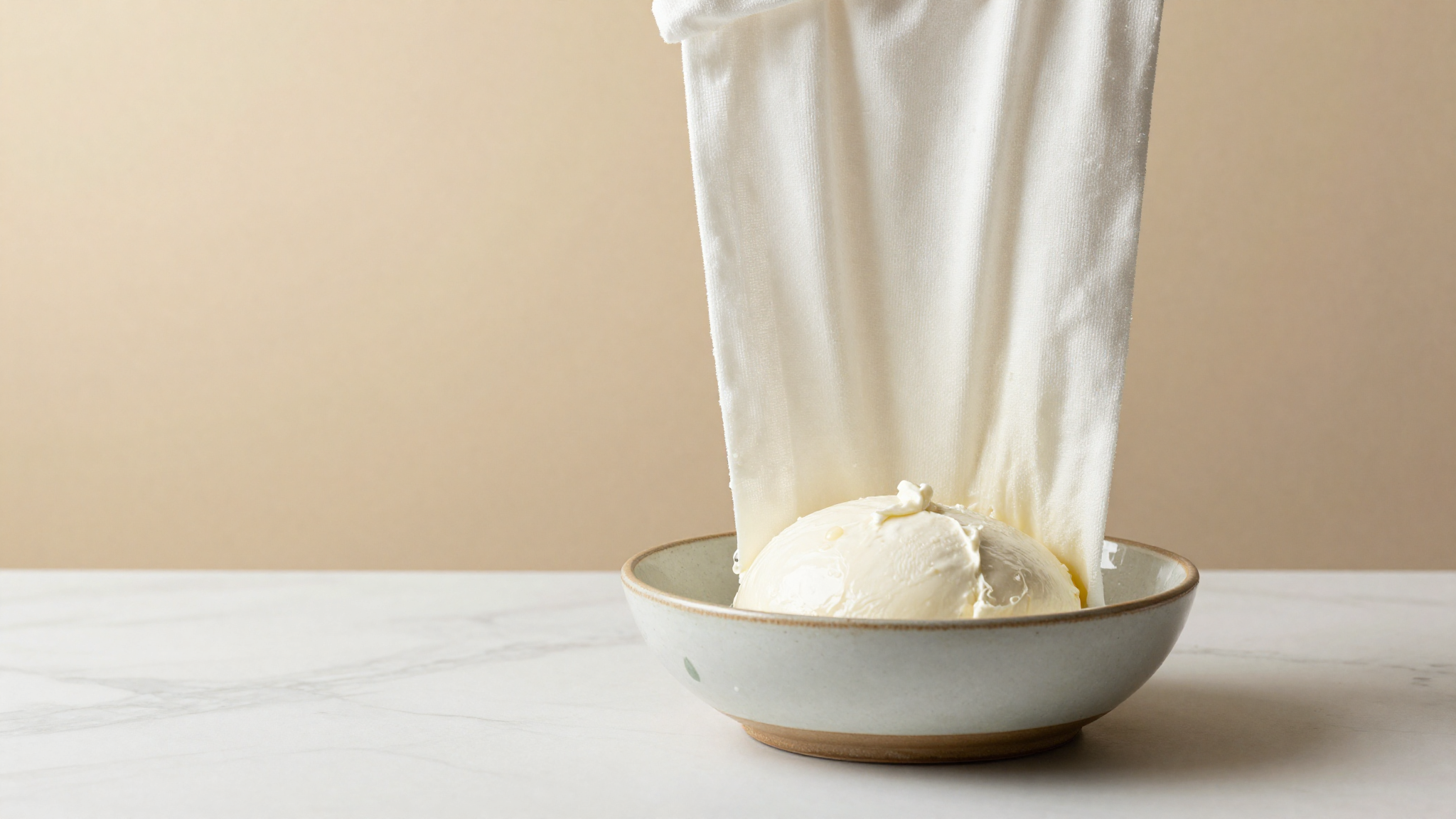Fresh sheep ricotta draining in cheesecloth over a ceramic bowl on marble