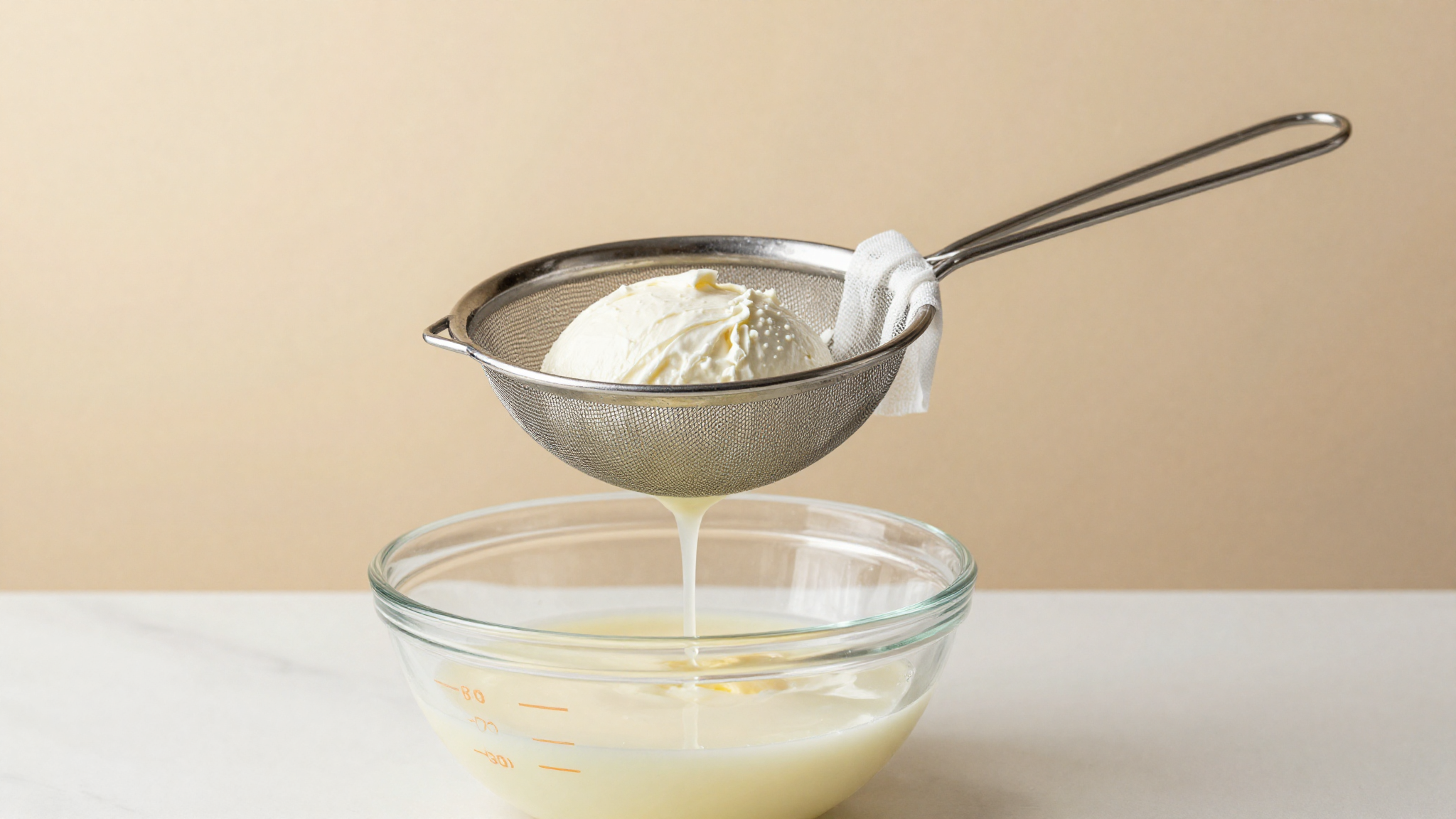 A stainless steel sieve lined with cheesecloth holding fresh ricotta as whey drips into a glass bowl