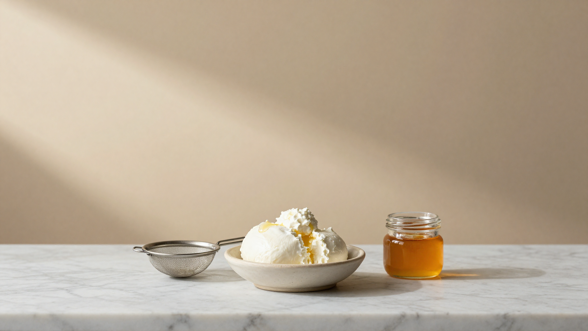 Fresh sheep ricotta with sieve and orange blossom honey on marble