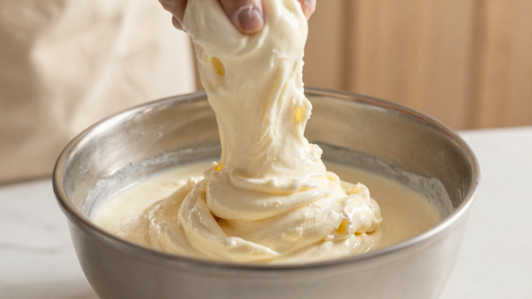Sieved ricotta being folded into a chilled gelato base