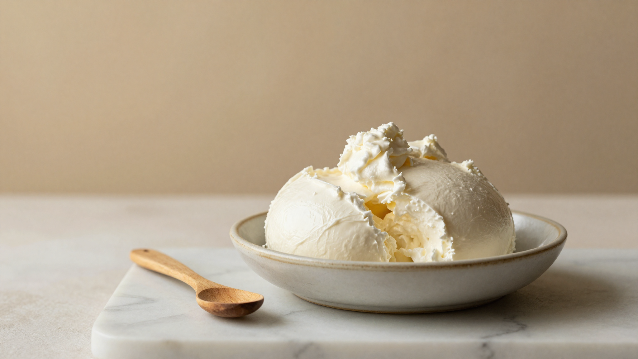 Fresh italian ricotta cheese in a small ceramic bowl on marble with a wooden spoon nearby