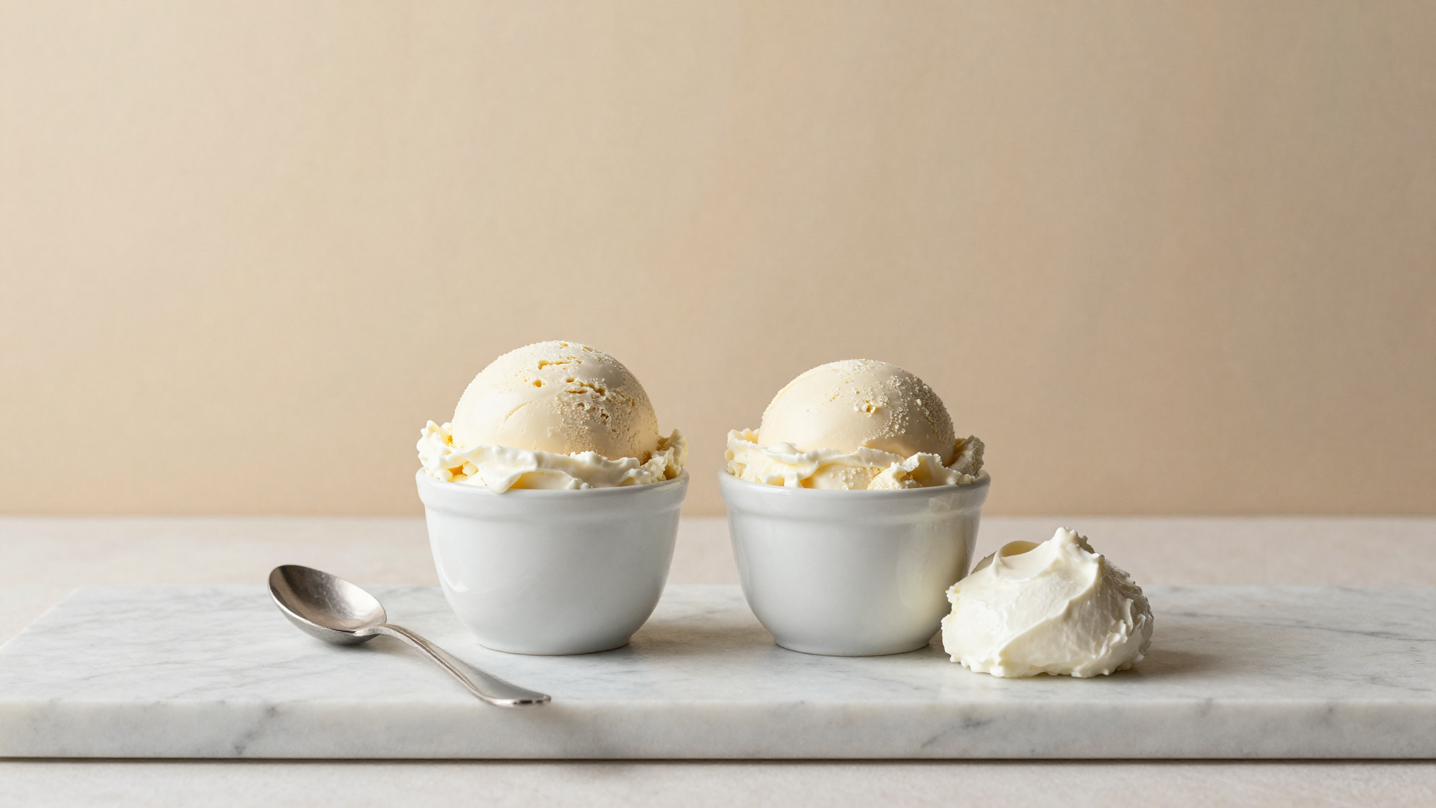 Two ceramic cups of Italian gelato side by side on white marble showing a ricotta versus mascarpone comparison