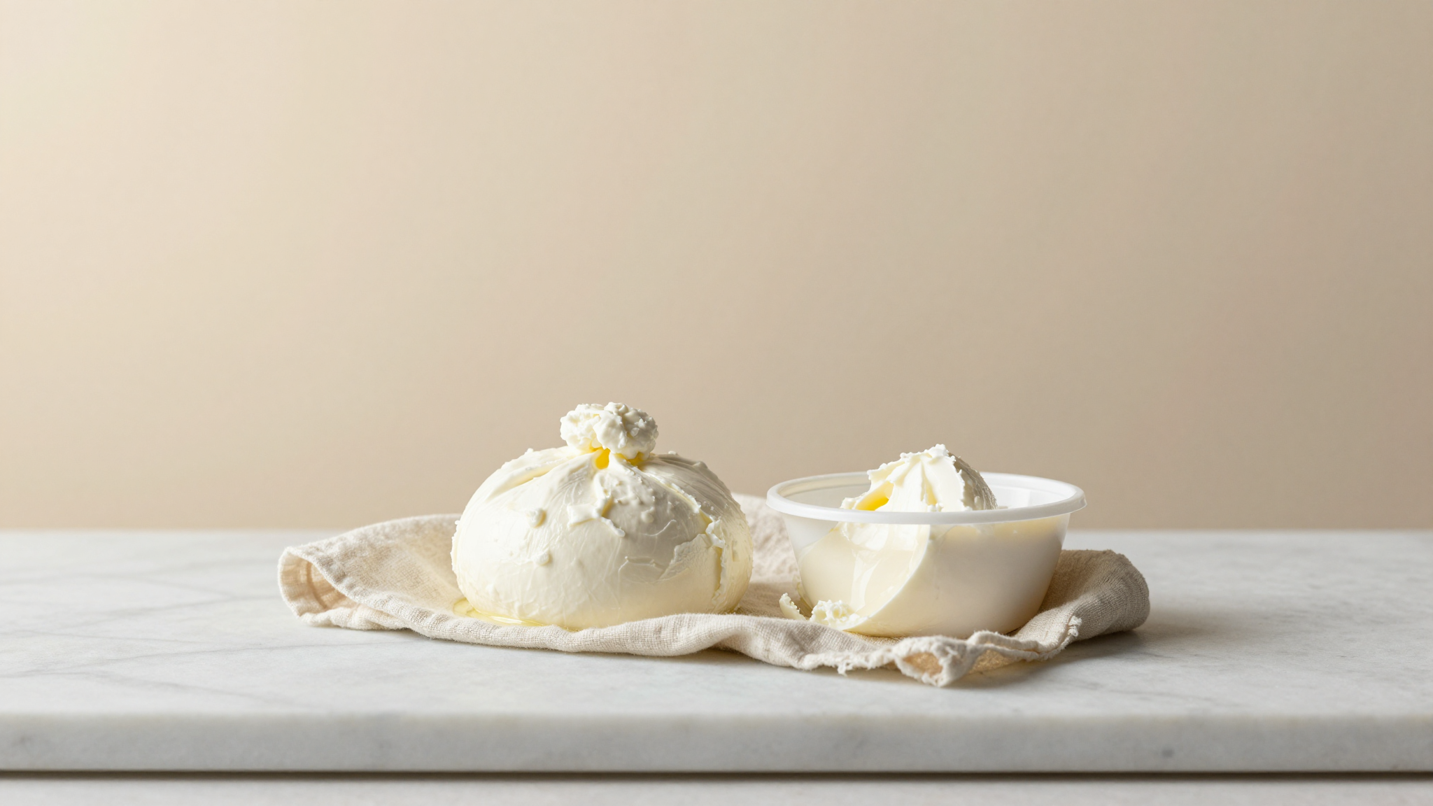 Fresh ricotta in cheesecloth beside a tub of mascarpone on a marble surface