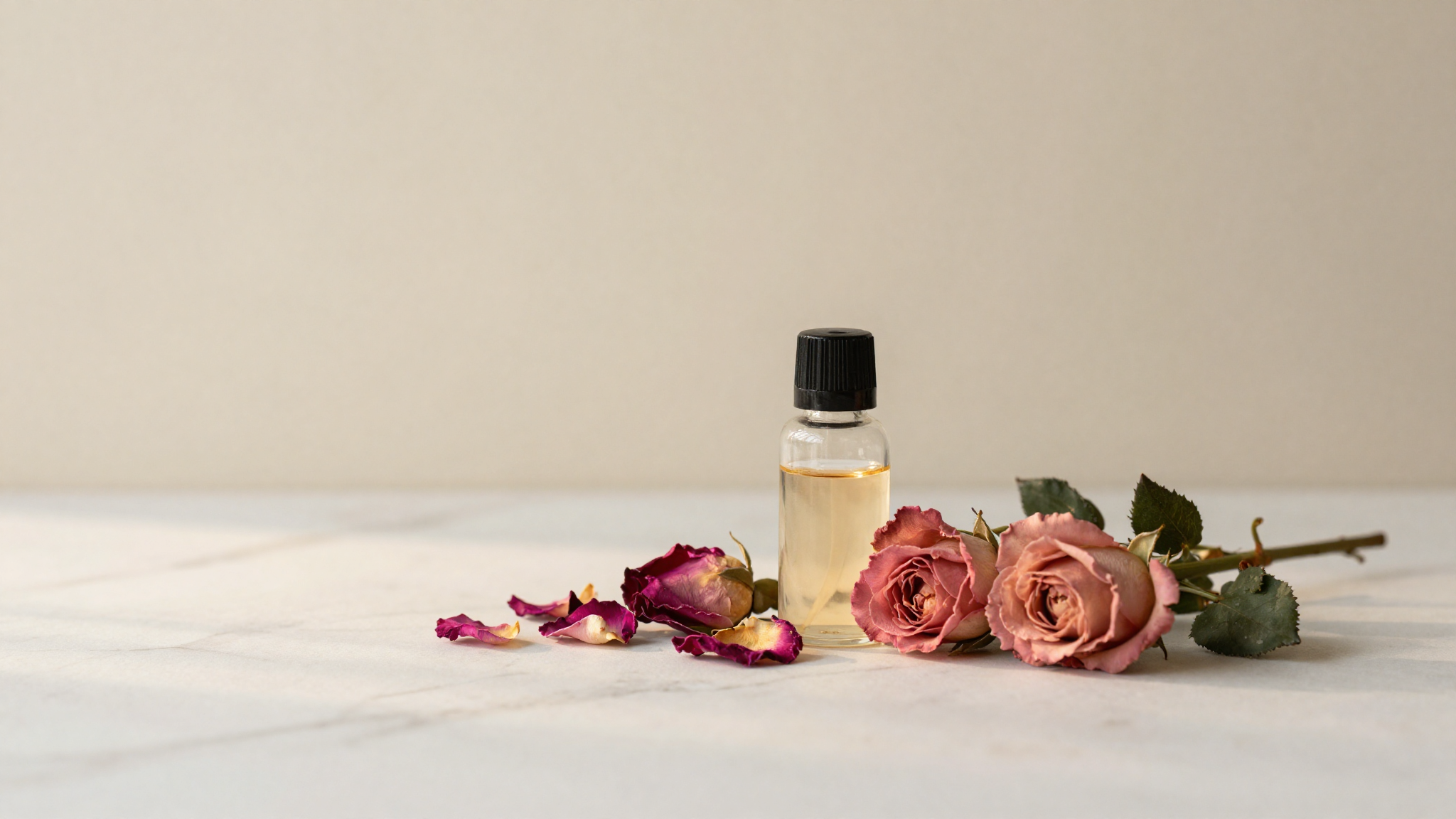 Dried rose petals and a glass vial of rose water on white marble