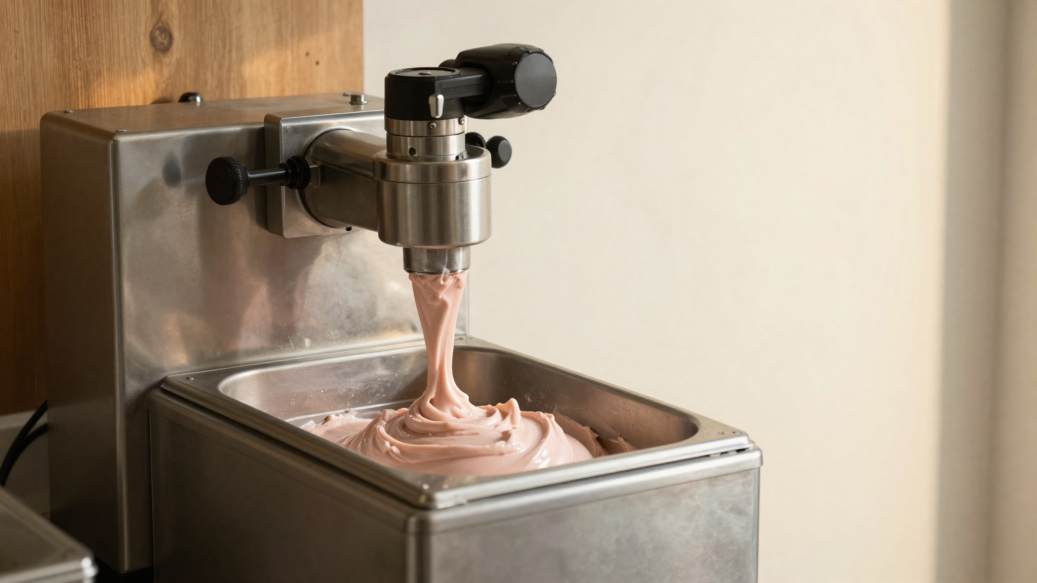 Stainless batch freezer drawing pale pink rose gelato in an Italian lab