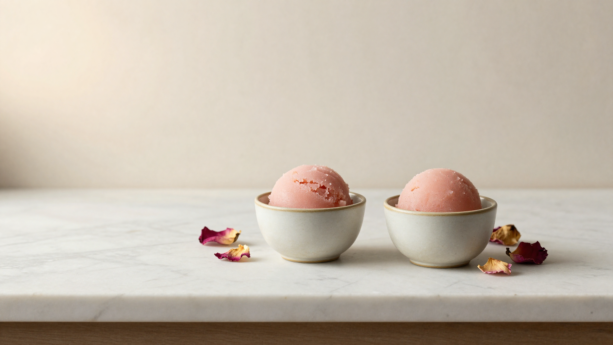 Two cups of pale pink rose gelato on marble with scattered petals