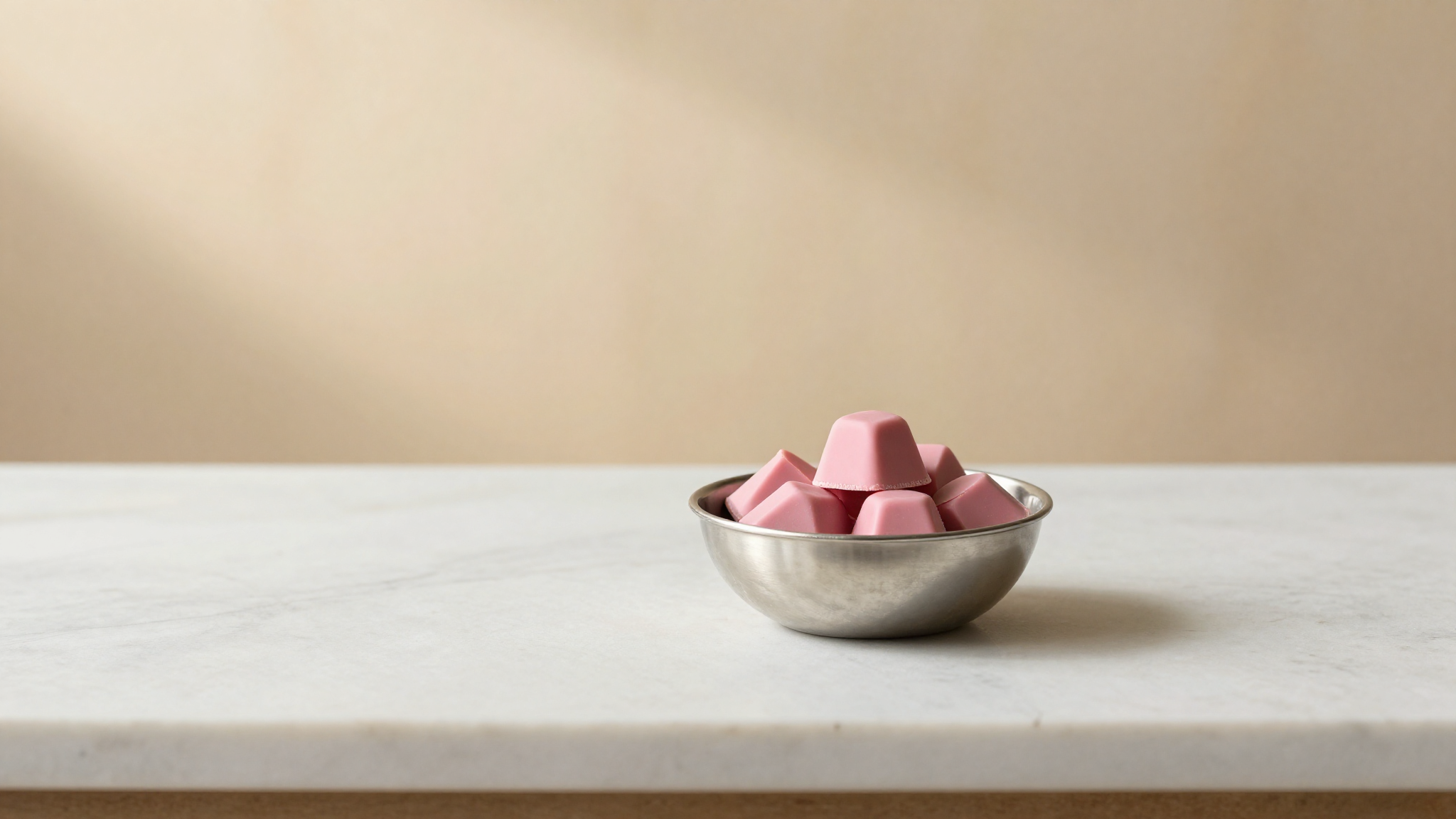 Ruby chocolate callets in a stainless bowl in a clean gelato lab