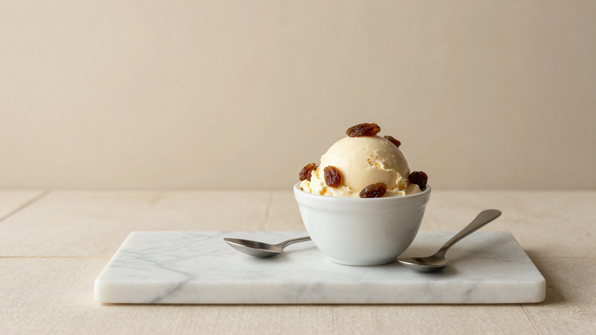 Finished rum raisin gelato in a white ceramic cup on marble studded with rum-soaked raisins