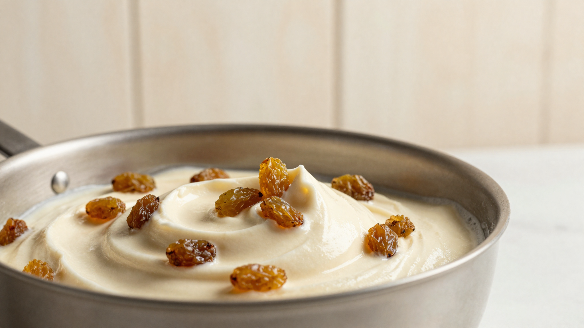 Plump rum-soaked raisins folded into pale churned gelato in a stainless pan