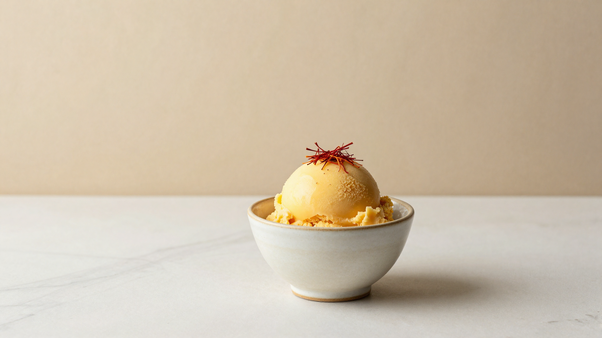 Saffron gelato in ceramic cup with red threads — golden artisanal dessert