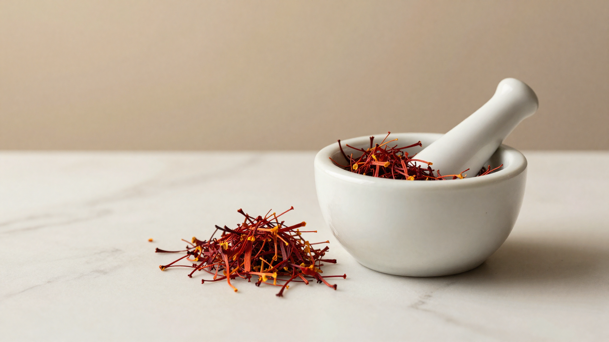 Lead photo — red saffron threads in a small ceramic mortar with pestle on marble