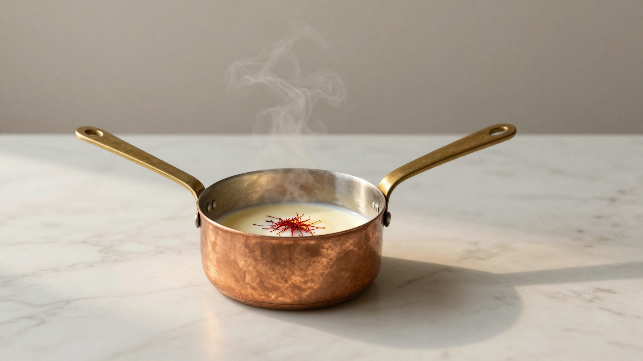 Process step — copper saucepan with warm milk infusing saffron threads