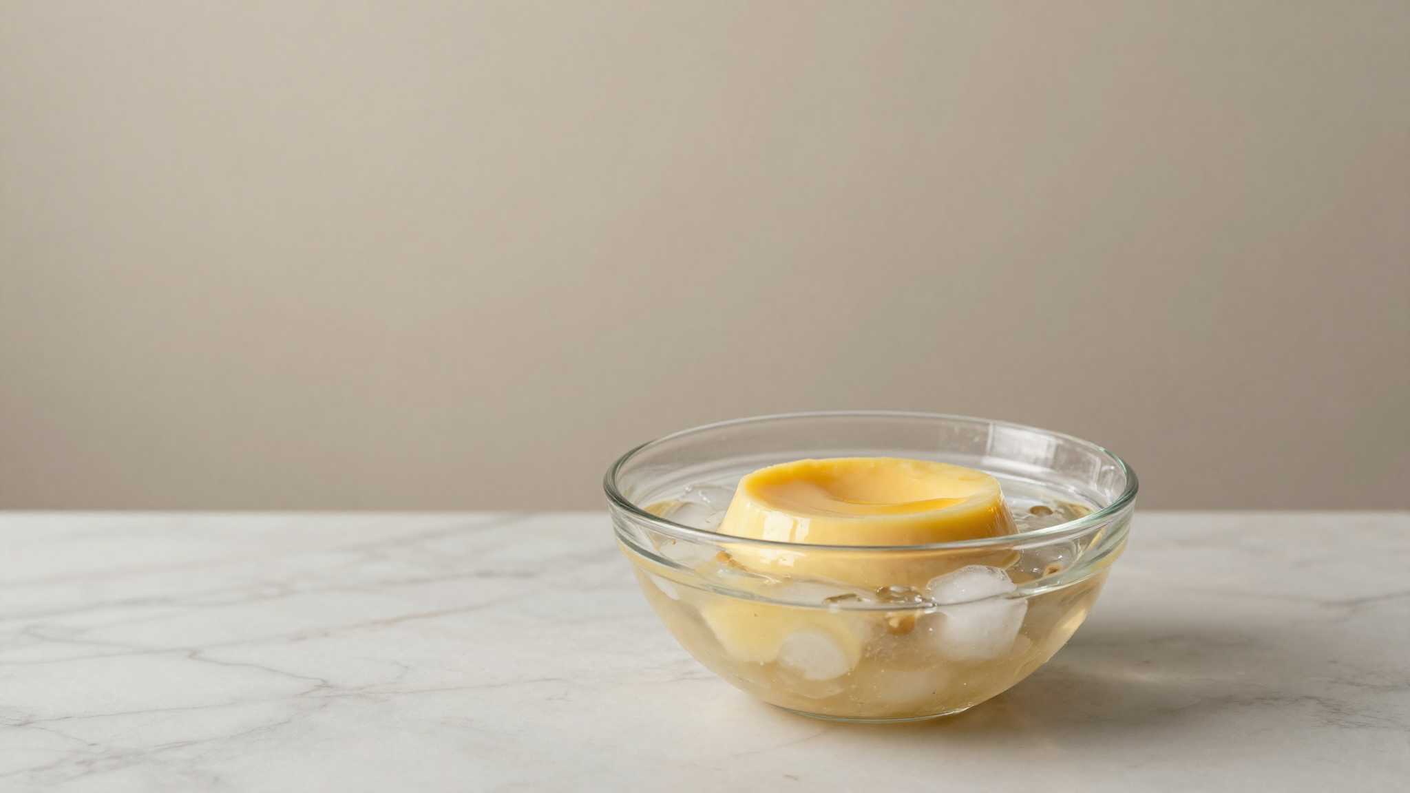 Process step — glass bowl of cooked custard in ice bath on marble