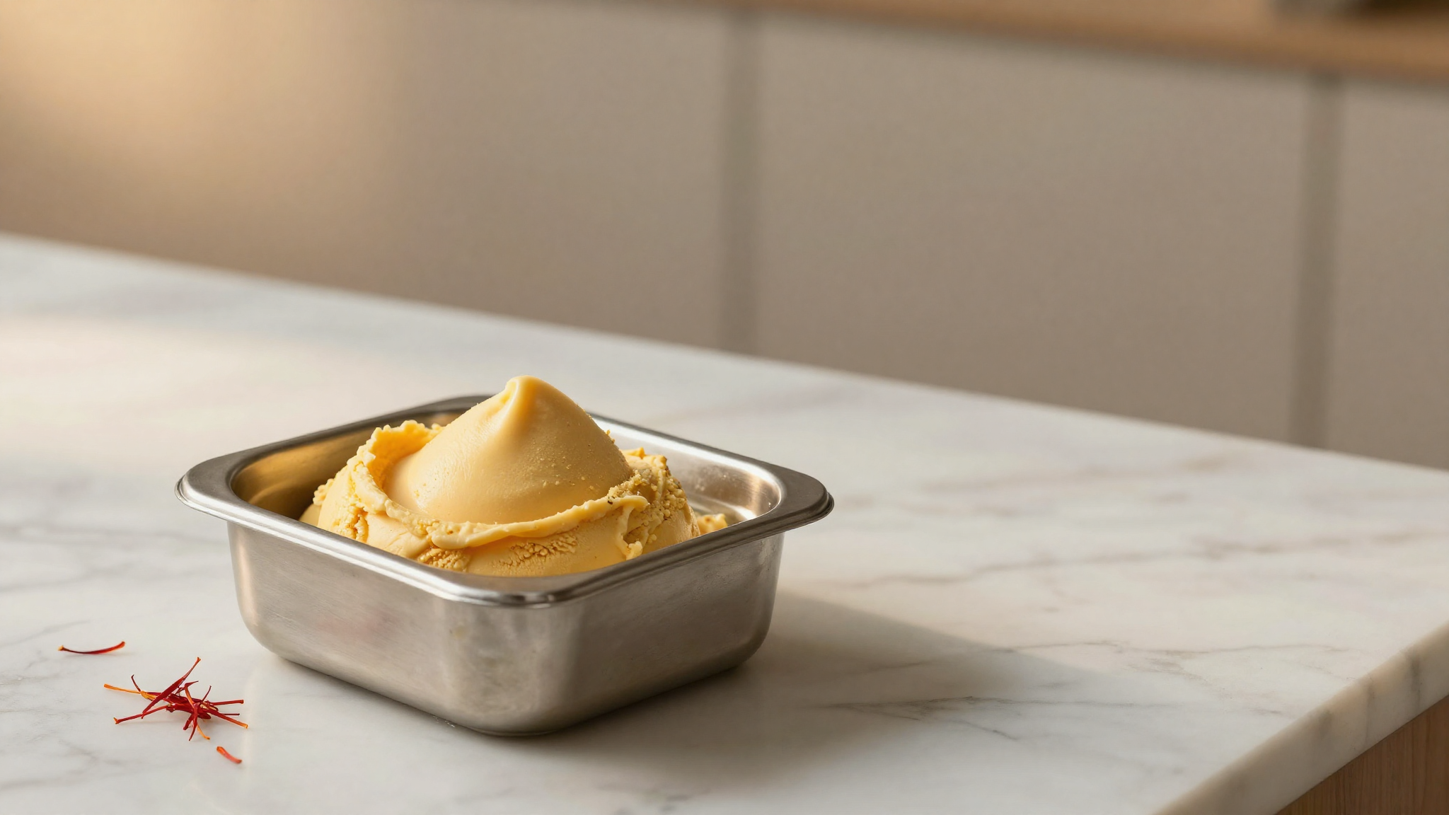 Closing photo — stainless pan filled with golden saffron gelato and saffron threads scattered