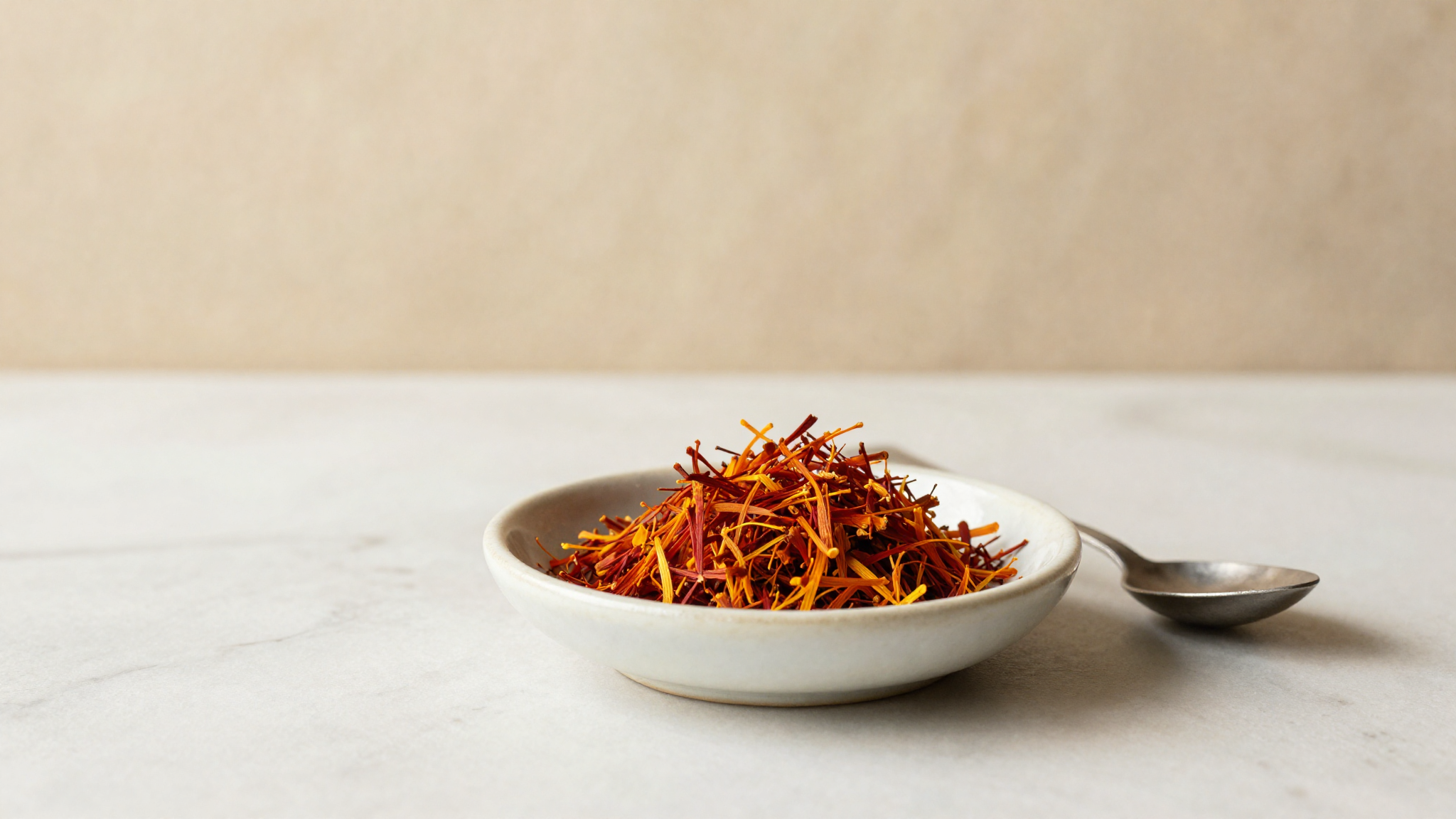 Hero photo of saffron threads stigmas in a small ceramic dish on marble next to a silver spoon
