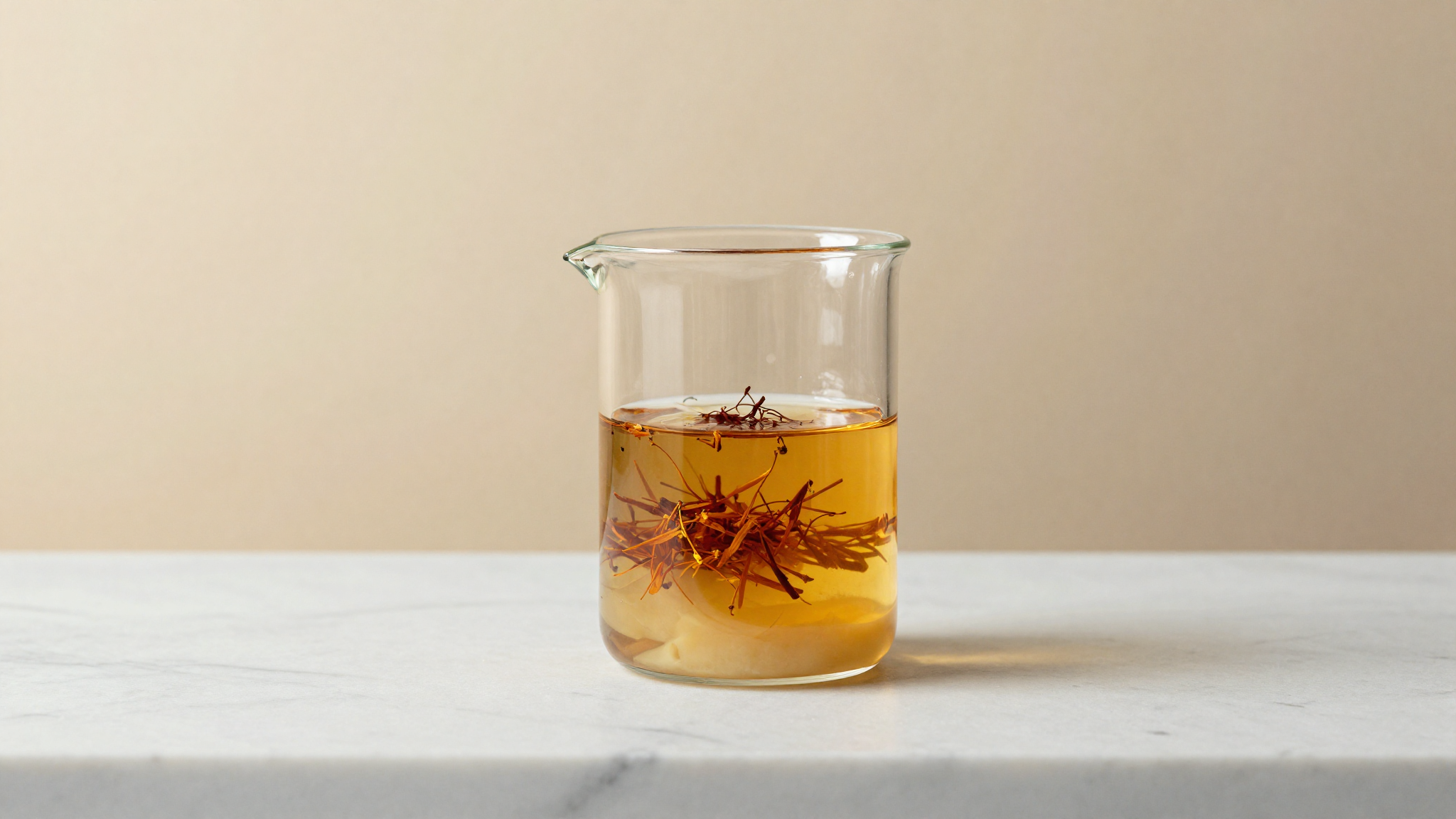 Saffron threads steeping in warm cream in a glass beaker turning deep golden as crocin releases