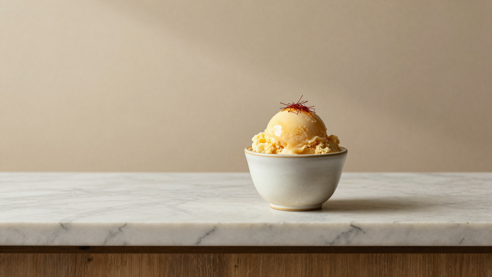 Pale golden saffron gelato in a ceramic cup garnished with a pinch of saffron threads on marble