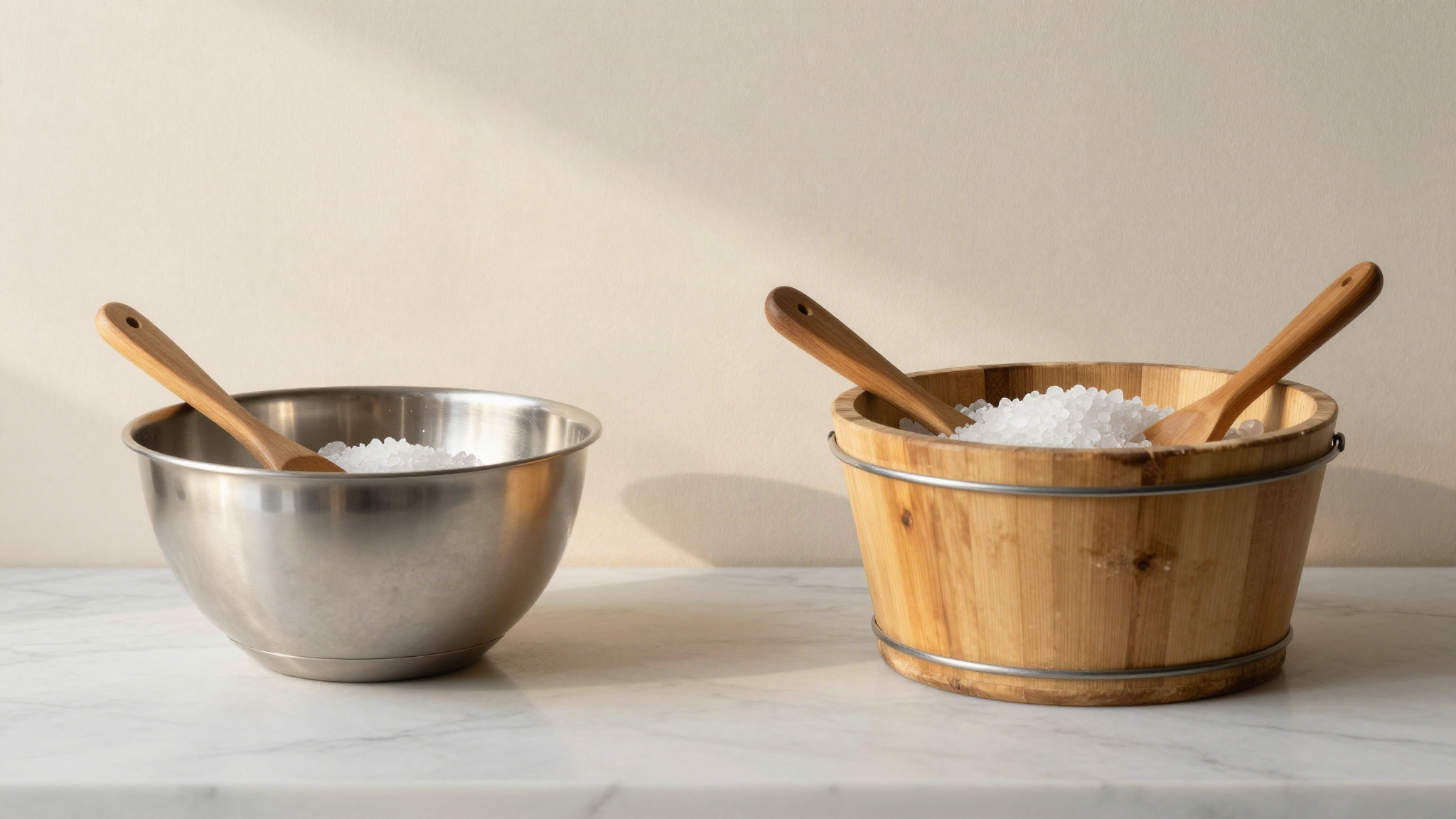A stainless steel bowl set into a wooden bucket packed with crushed ice and rock salt