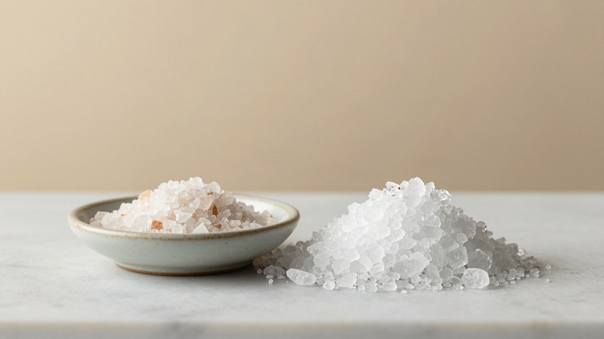 Coarse rock salt crystals in a ceramic dish beside a heap of crushed ice on marble