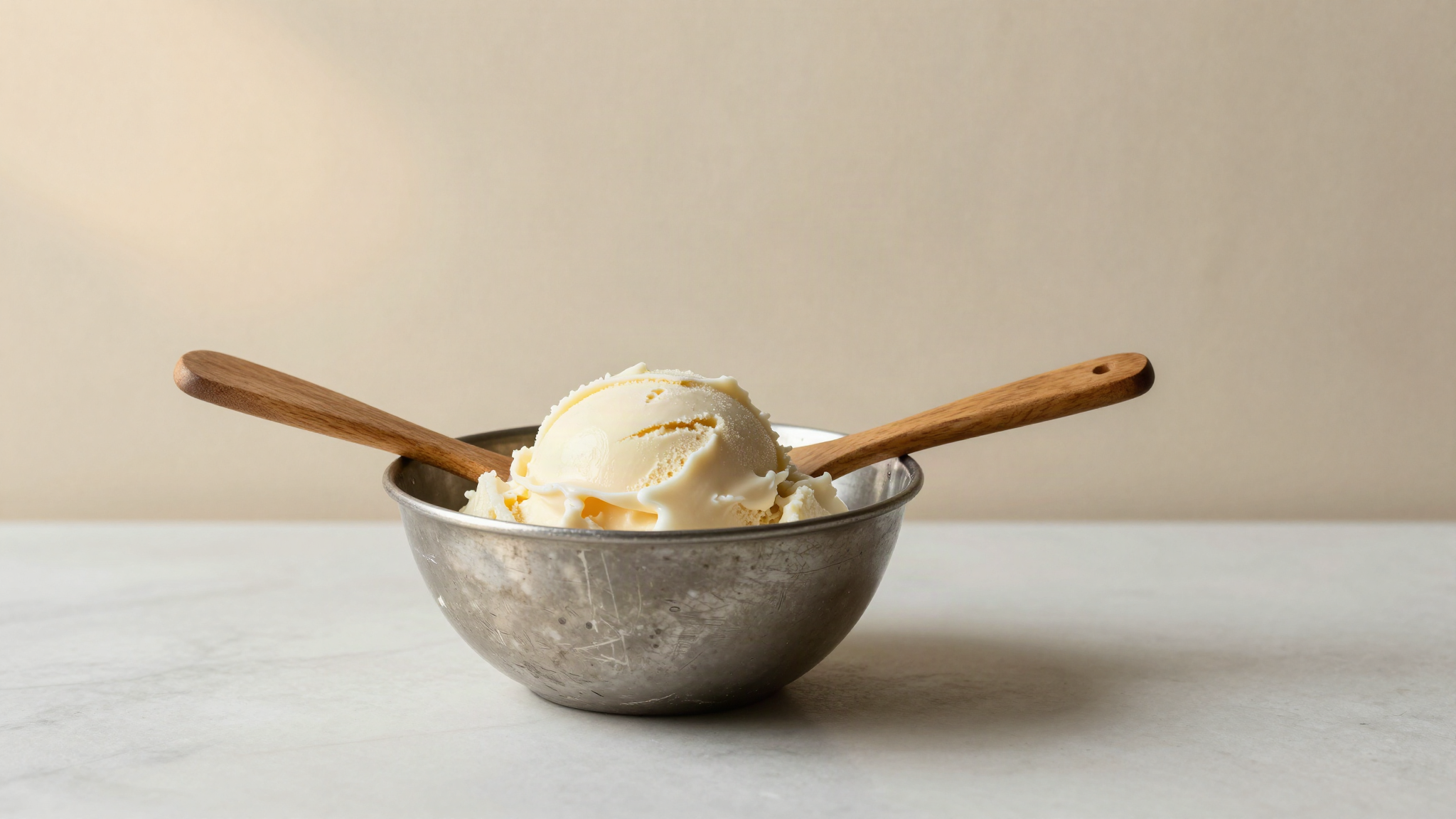 A chilled metal bowl of half frozen gelato showing scrape marks along the bowl wall