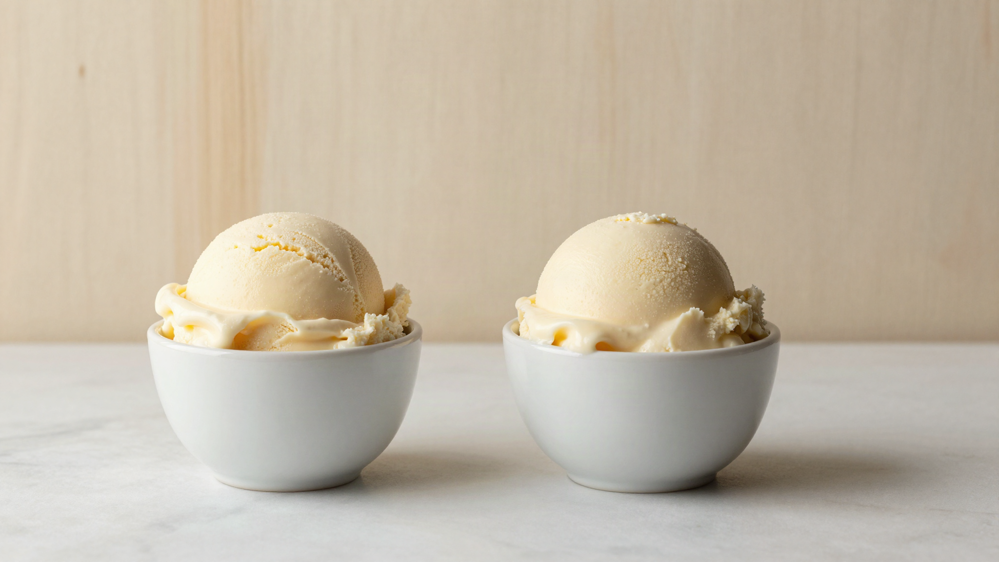 Two rounded scoops of dense hand churned gelato in a white ceramic cup on marble