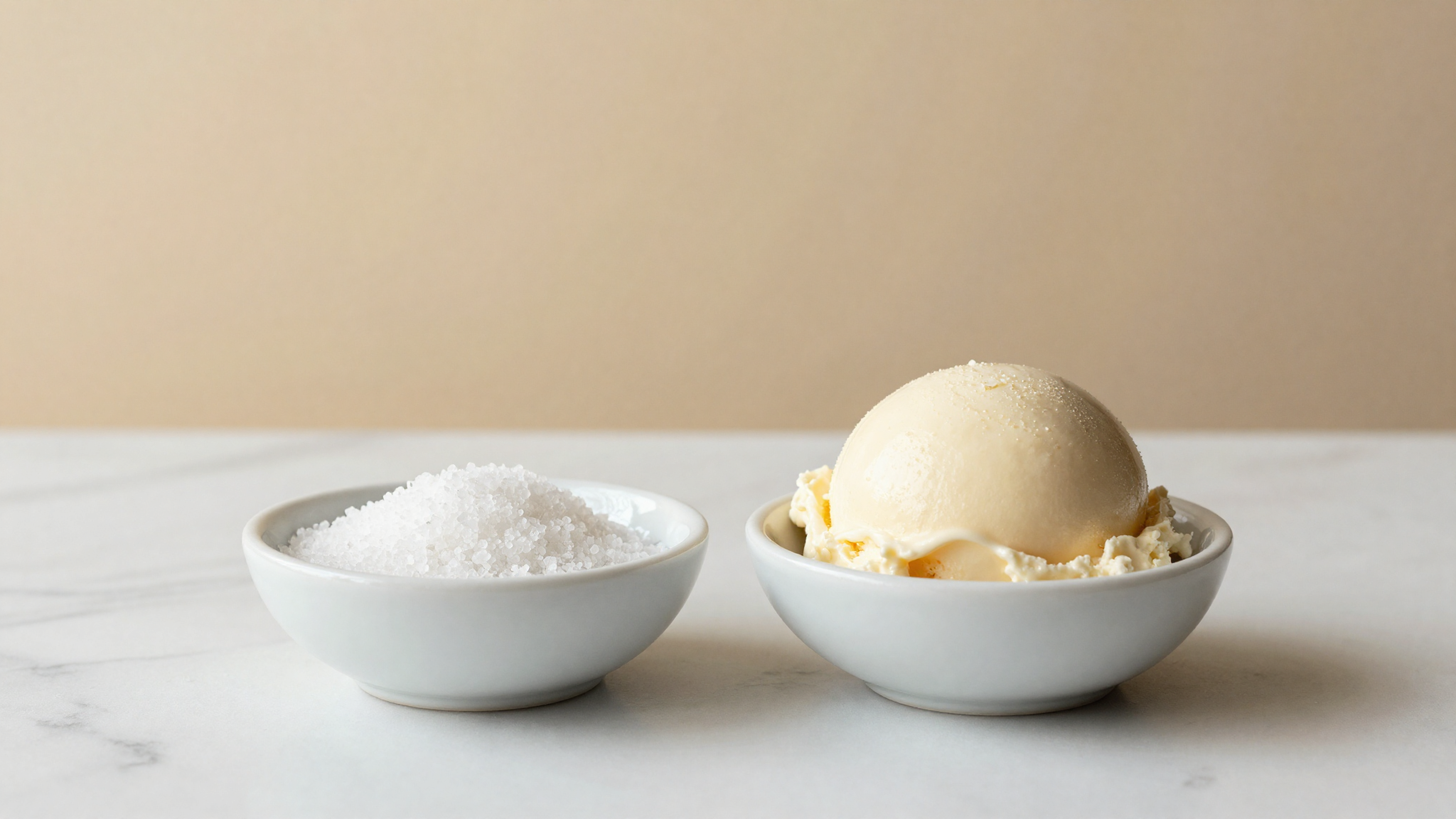 Flaky sea salt in a ceramic pinch bowl beside a scoop of pale cream gelato on marble