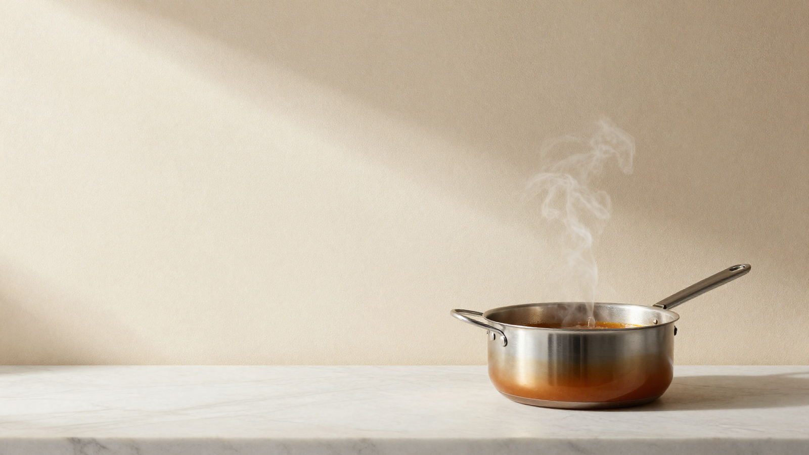 Amber caramelizing sugar in a stainless saucepan reaching the deep golden caramel stage, small wisps of steam