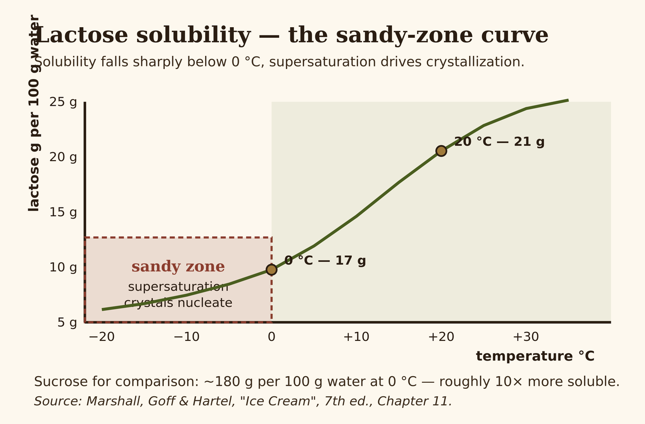 Diagram — lactose solubility curve and the supersaturation zone where crystallization happens