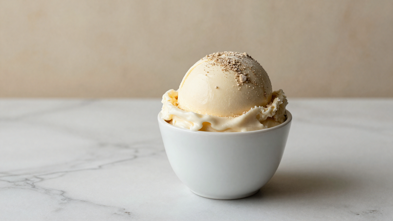 A scoop of crema gelato in a small ceramic cup with faint sand-like crystals visible on the surface signaling lactose crystallization