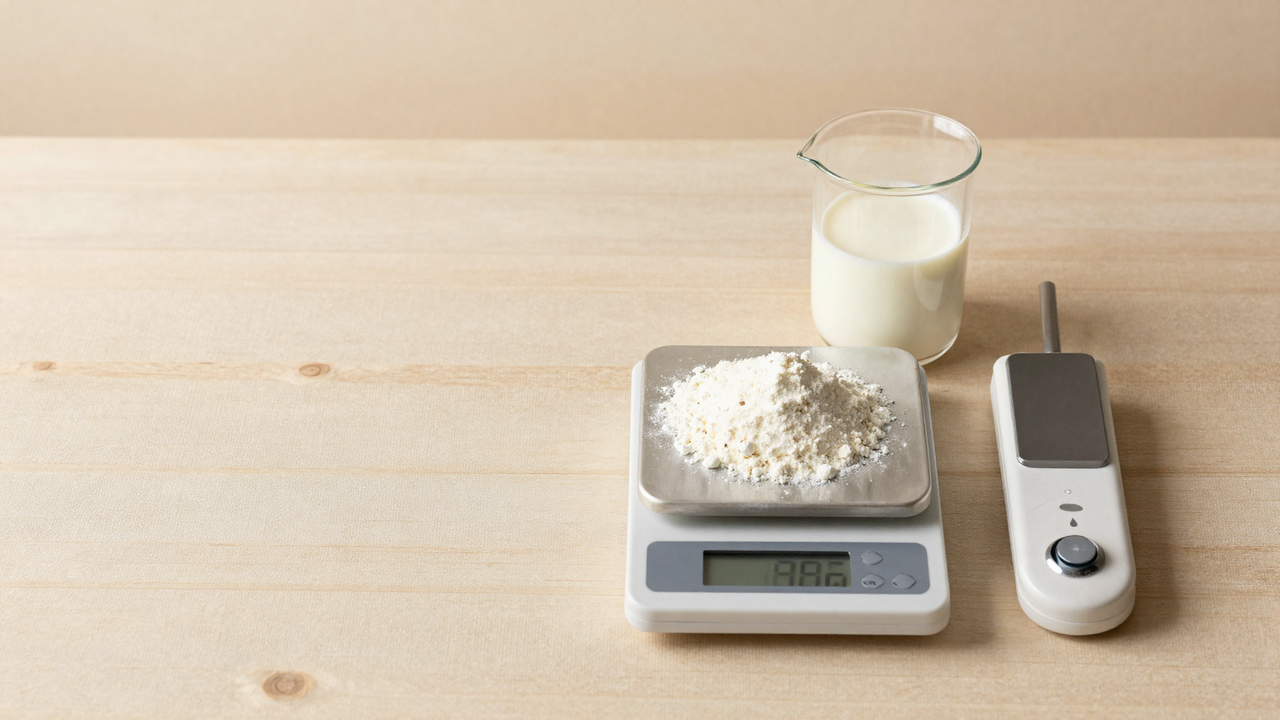 Inline — bench setup showing scale with SMP measured and a refractometer reading