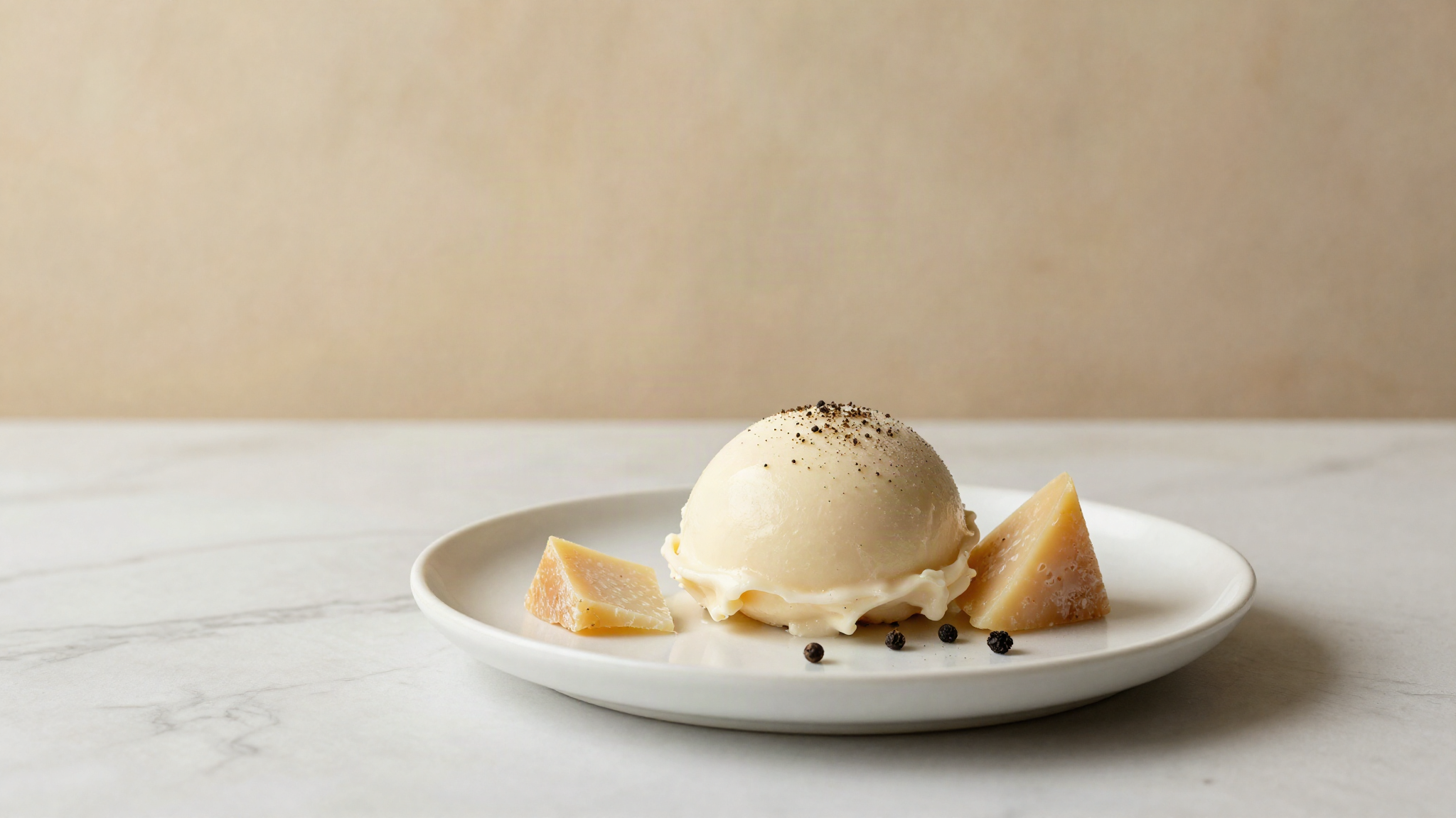 A small quenelle of pale ivory pecorino and black pepper gelato on a white ceramic plate beside a wedge of hard cheese and whole peppercorns